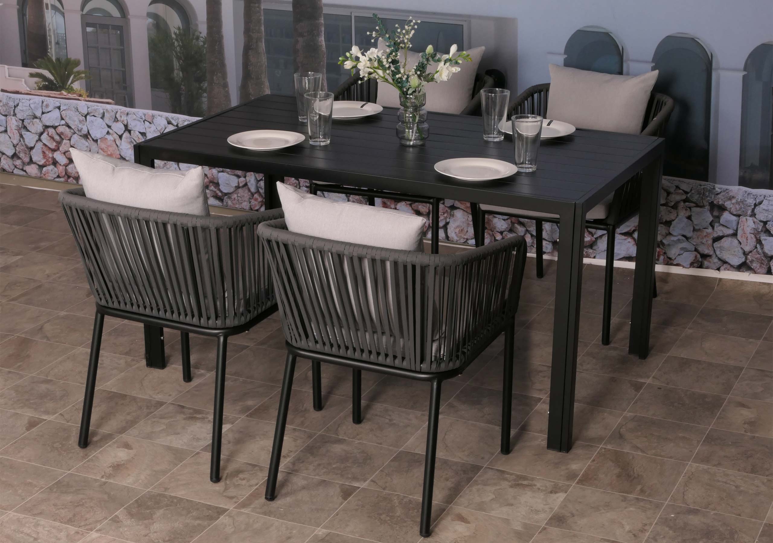 Gartengarnitur MCW-N41, Tisch+4xStuhl, wetterfest Alu 140x80cm, Seilgeflecht Rope ~ anthrazit Kissen grau - Bild 1