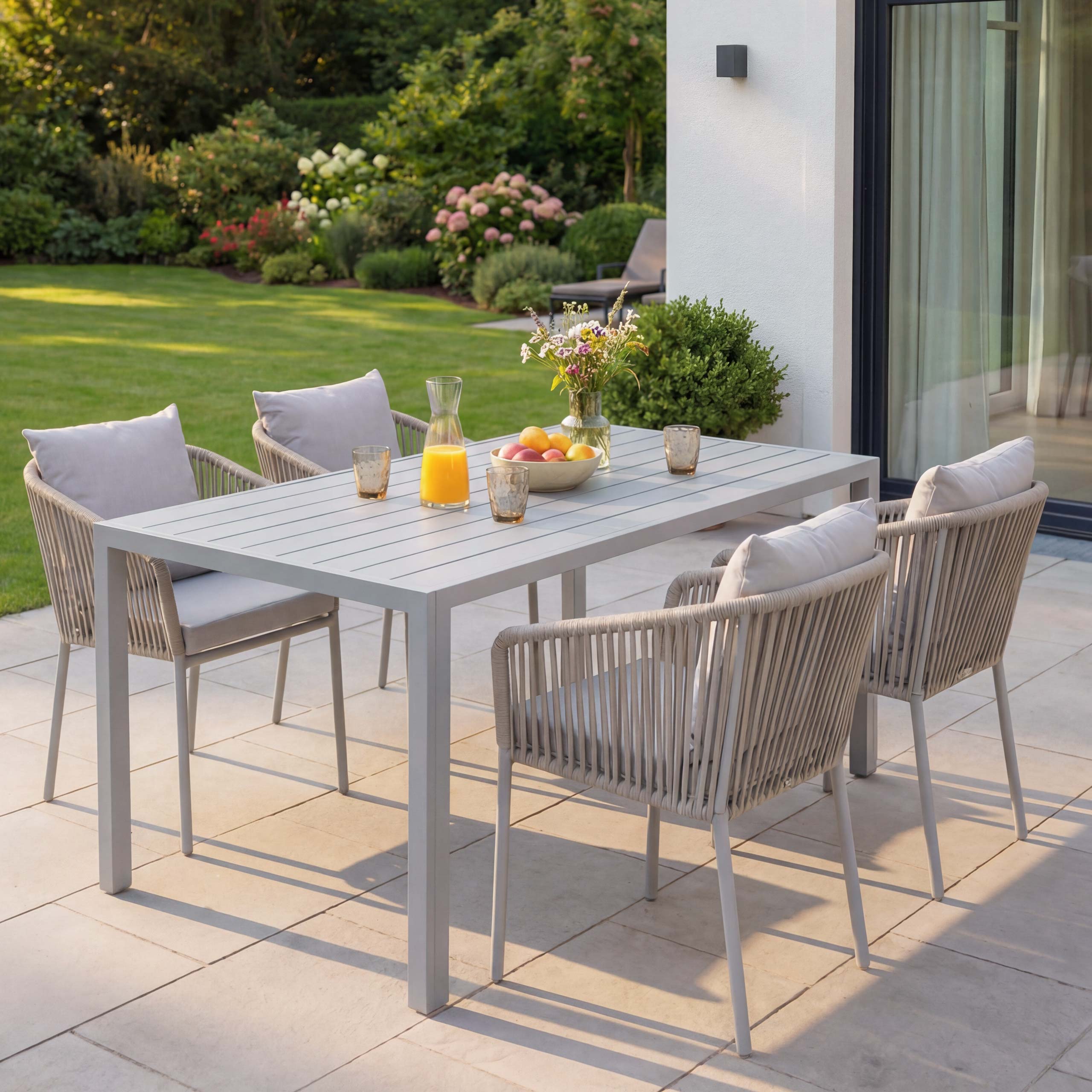 Gartengarnitur MCW-N41, Tisch+4xStuhl, wetterfest Alu 140x80cm, Seilgeflecht Rope ~ grau Kissen grau - Bild 1