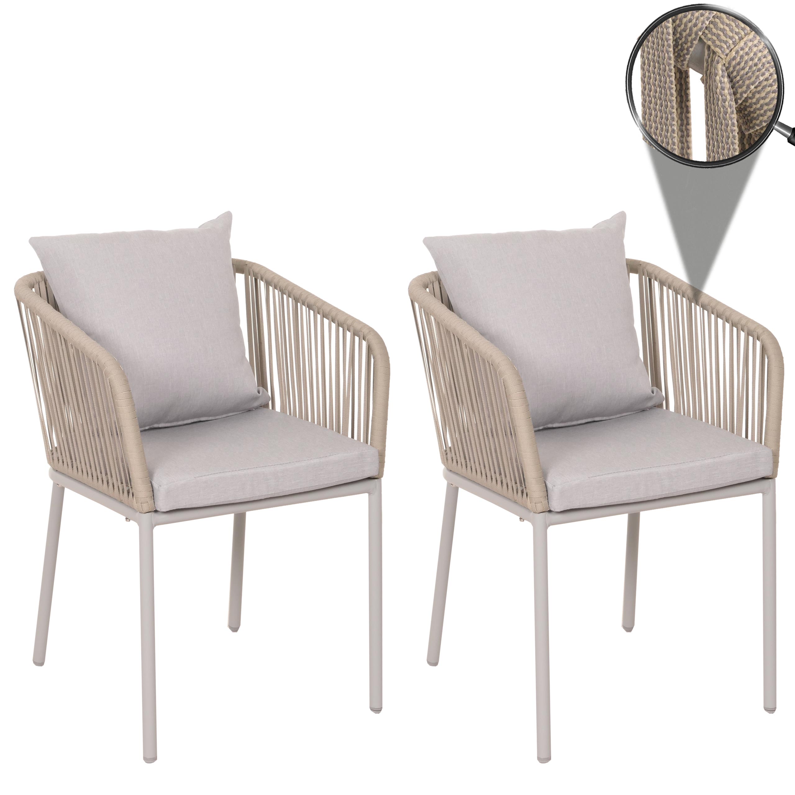 2er-Set Gartenstuhl MCW-N41, Outdoor Armlehne, wetterfest Aluminium Seilgeflecht Rope ~ grau Kissen grau - Bild 1