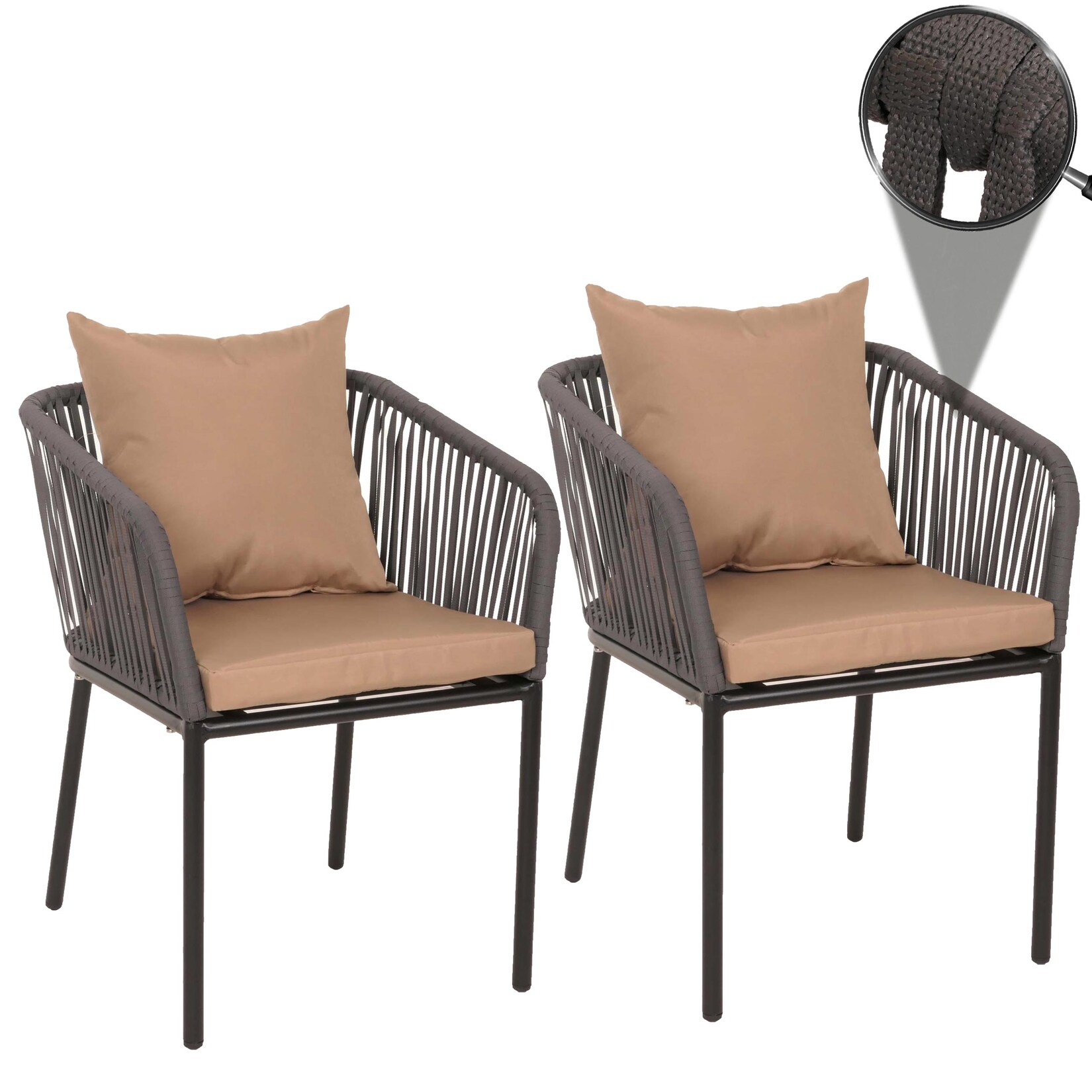 2er-Set Gartenstuhl MCW-N41, Outdoor Armlehne, wetterfest Aluminium Seilgeflecht Rope ~ anthrazit Kissen taupe