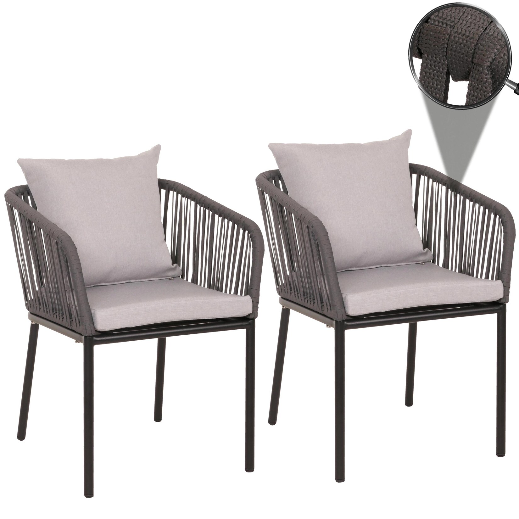 2er-Set Gartenstuhl MCW-N41, Outdoor Armlehne, wetterfest Aluminium Seilgeflecht Rope ~ anthrazit Kissen grau