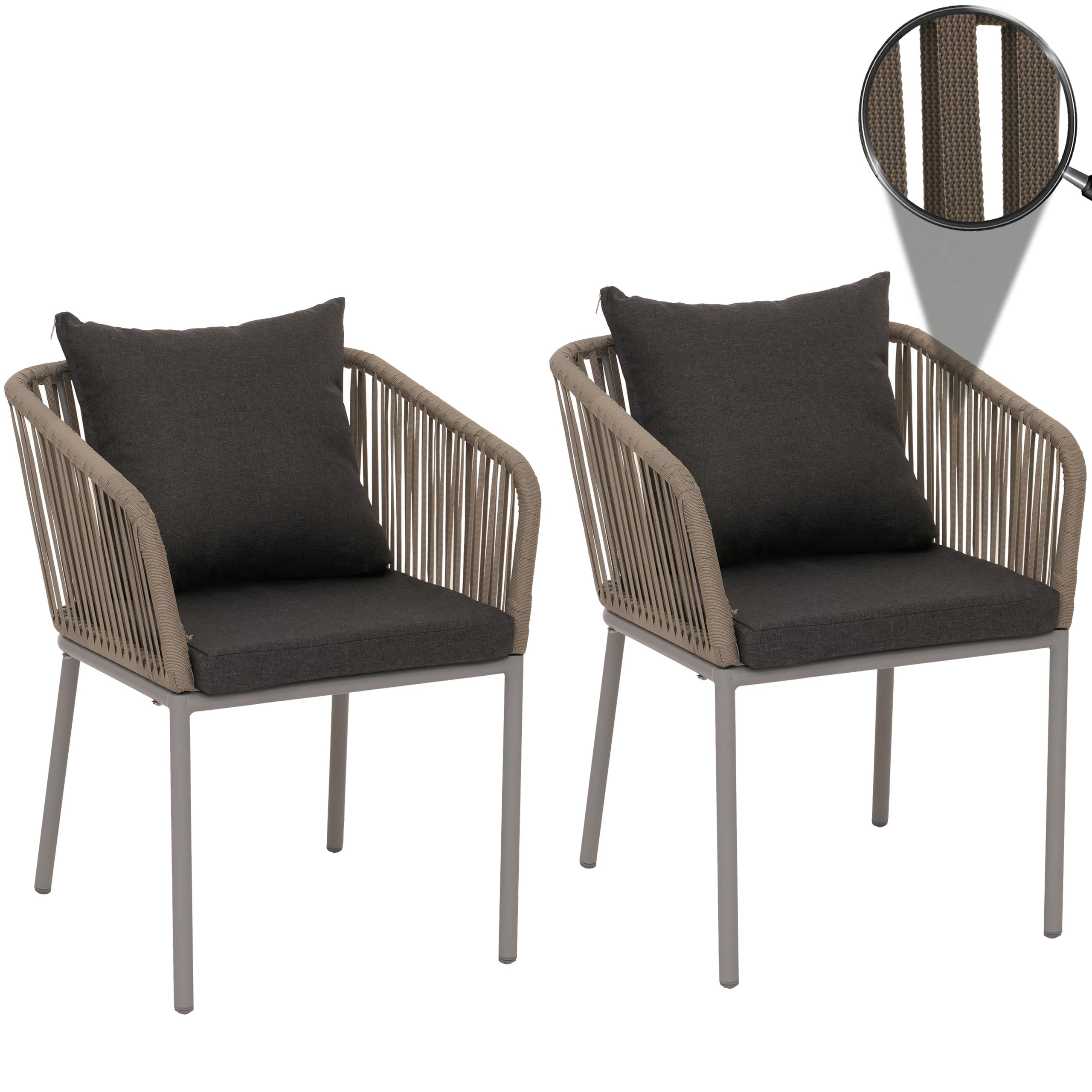 2er-Set Gartenstuhl MCW-N41, Outdoor Armlehne, wetterfest Aluminium Seilgeflecht Rope ~ grau, Kissen dunkelgrau - Bild 1