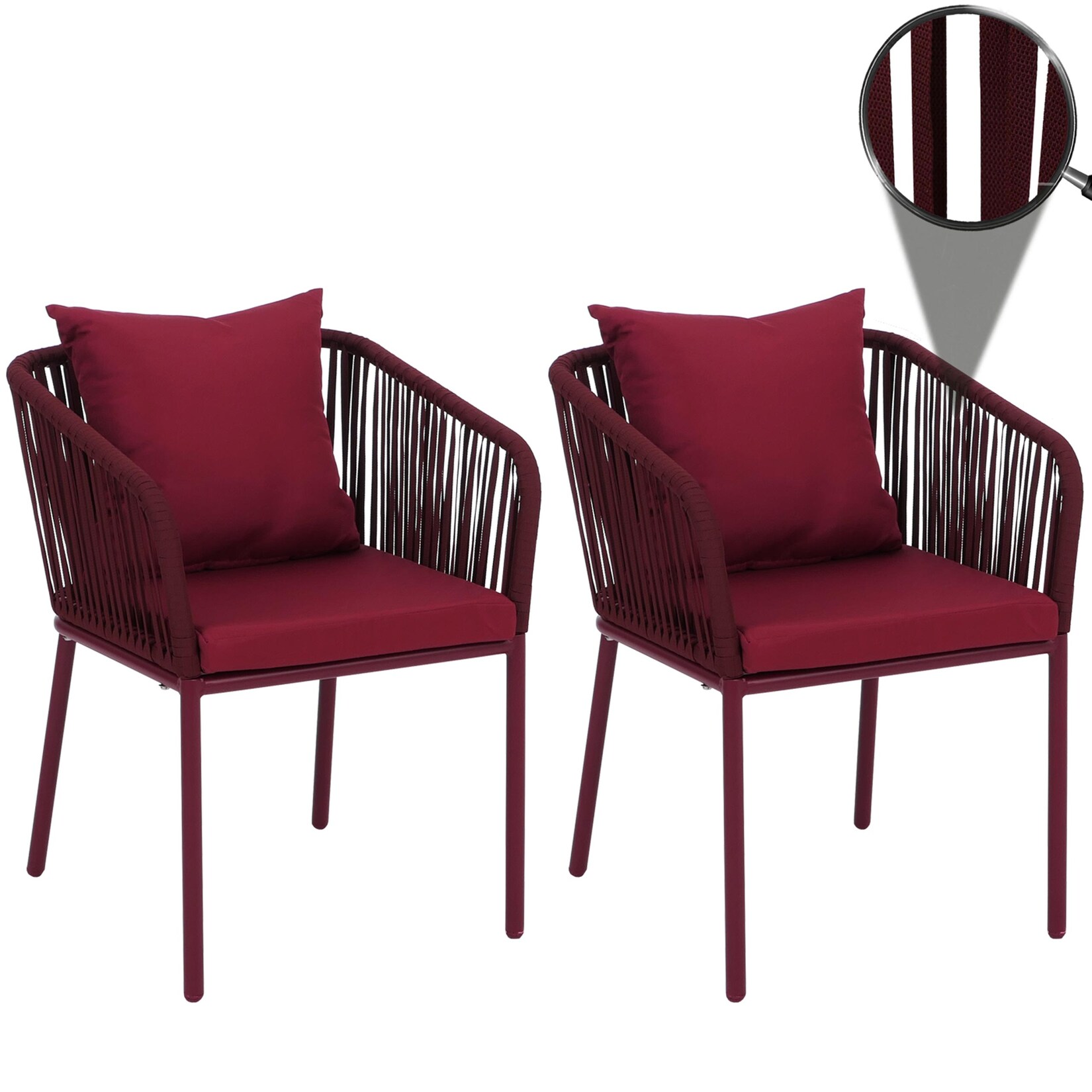 2er-Set Gartenstuhl MCW-N41, Outdoor Armlehne, wetterfest Aluminium Seilgeflecht Rope ~ bordeaux, Kissen bordeaux