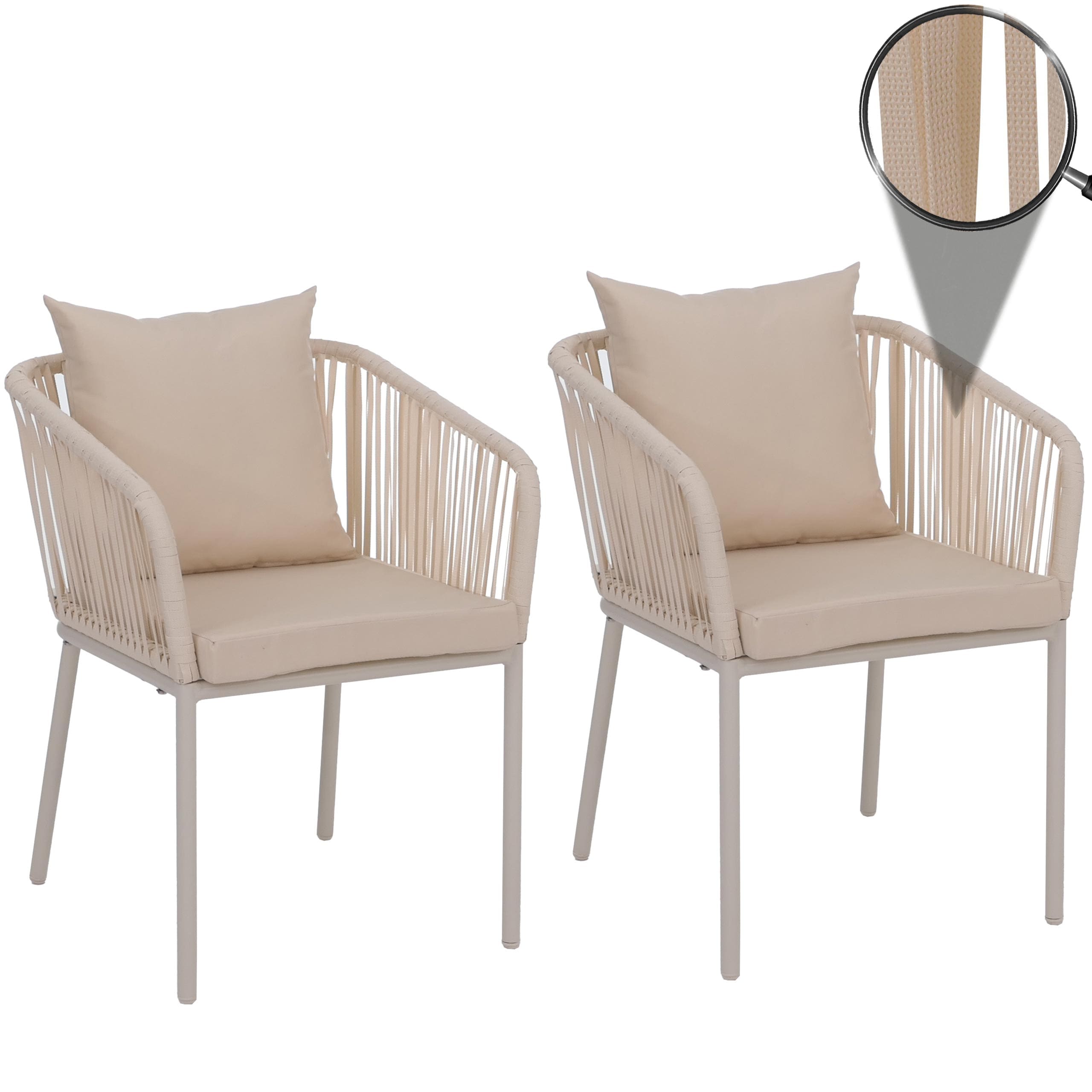 2er-Set Gartenstuhl MCW-N41, Outdoor Armlehne, wetterfest Aluminium Seilgeflecht Rope ~ creme, Kissen creme - Bild 1