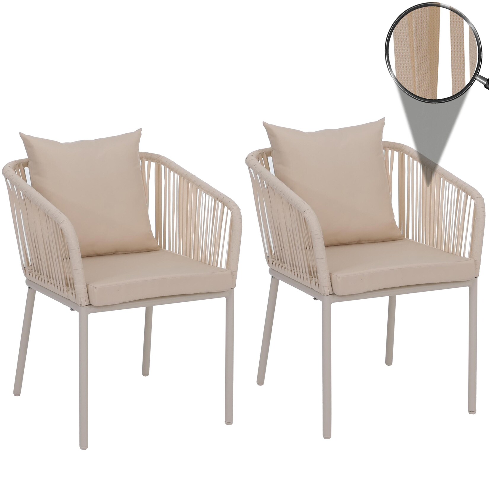 2er-Set Gartenstuhl MCW-N41, Outdoor Armlehne, wetterfest Aluminium Seilgeflecht Rope ~ creme, Kissen creme