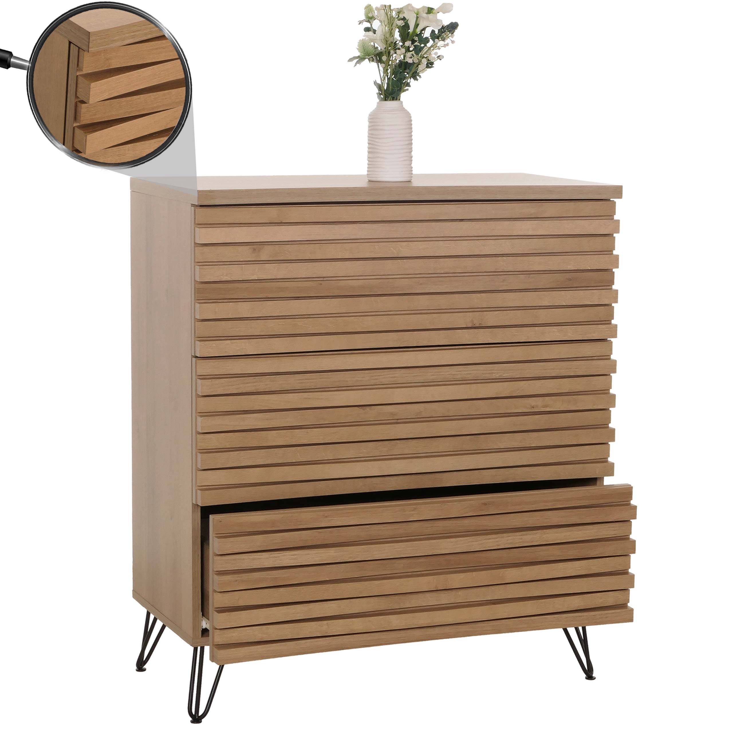Kommode MCW-M49, Sideboard Schrank Highboard, 3D-Design 3 Schubladen MDF Metall 94x80x45cm ~ natur - Bild 1