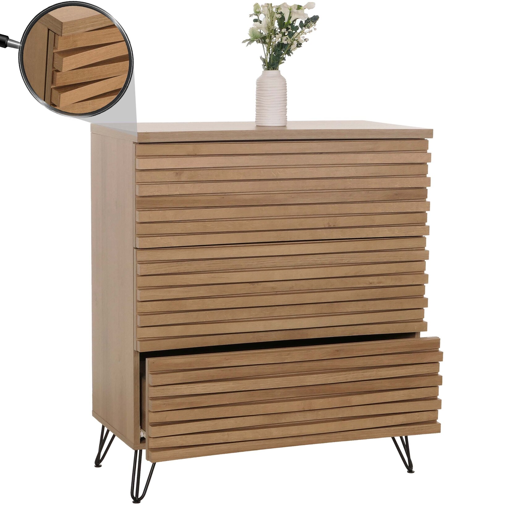 Kommode MCW-M49, Sideboard Schrank Highboard, 3D-Design 3 Schubladen MDF Metall 94x80x45cm ~ natur | 04057651851242