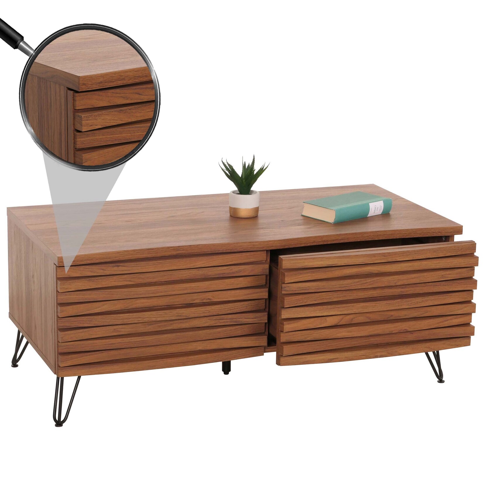 Couchtisch MCW-M49, Wohnzimmertisch Tisch, 3D-Design 2 Schubladen MDF Metall 46x110x55cm ~ Walnuss-Optik