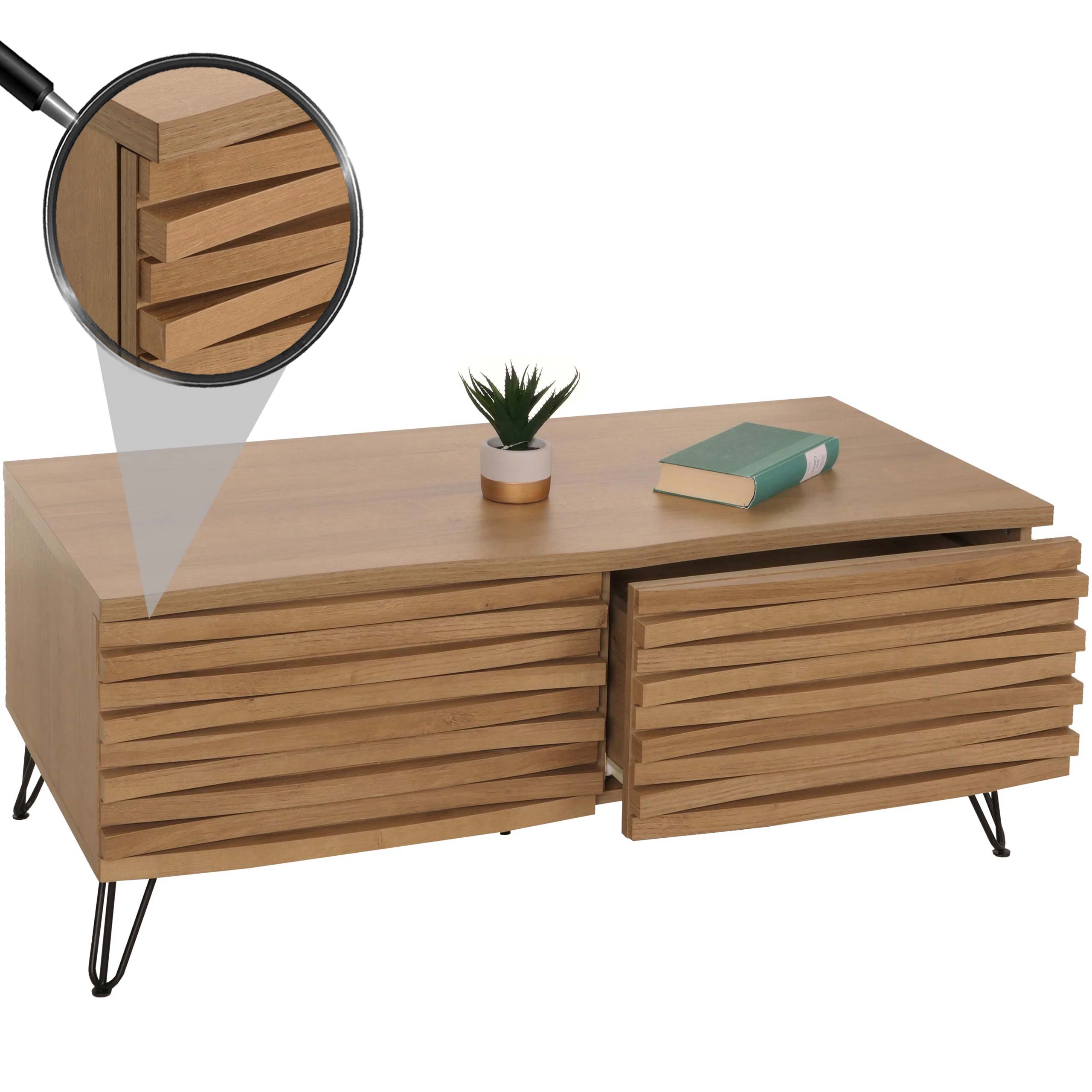 Couchtisch MCW-M49, Wohnzimmertisch Tisch, 3D-Design 2 Schubladen MDF Metall 46x110x55cm ~ natur - Bild 1