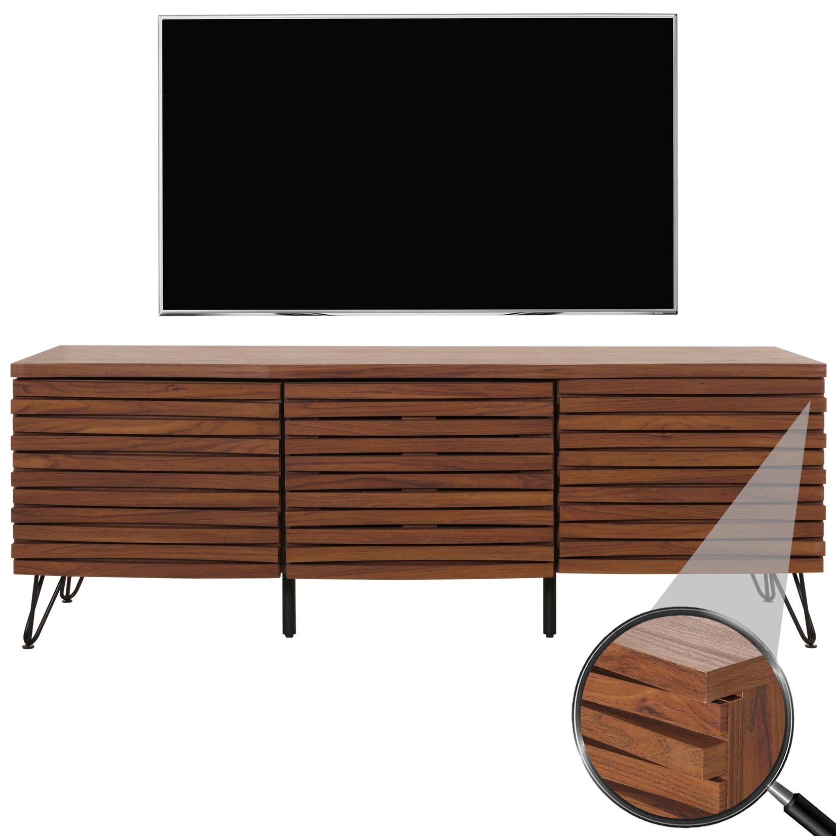 TV-Rack MCW-M49, Lowboard TV-Schrank, 3D-Design Staufächer, MDF Metall 52x142x44cm ~ Walnuss-Optik