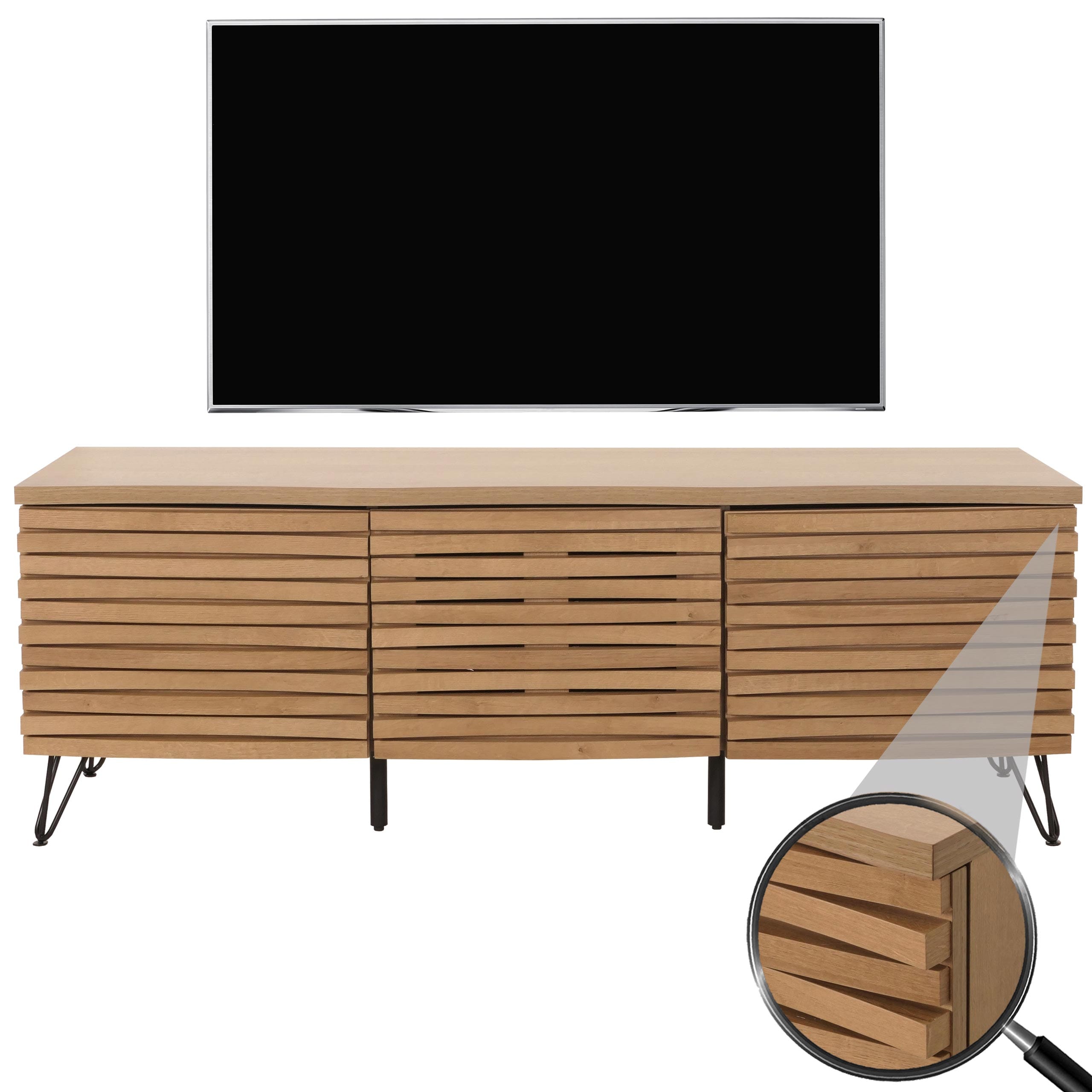 TV-Rack MCW-M49, Lowboard TV-Schrank, 3D-Design Stauf&auml;cher, MDF Metall 52x142x44cm ~ natur - Bild 1