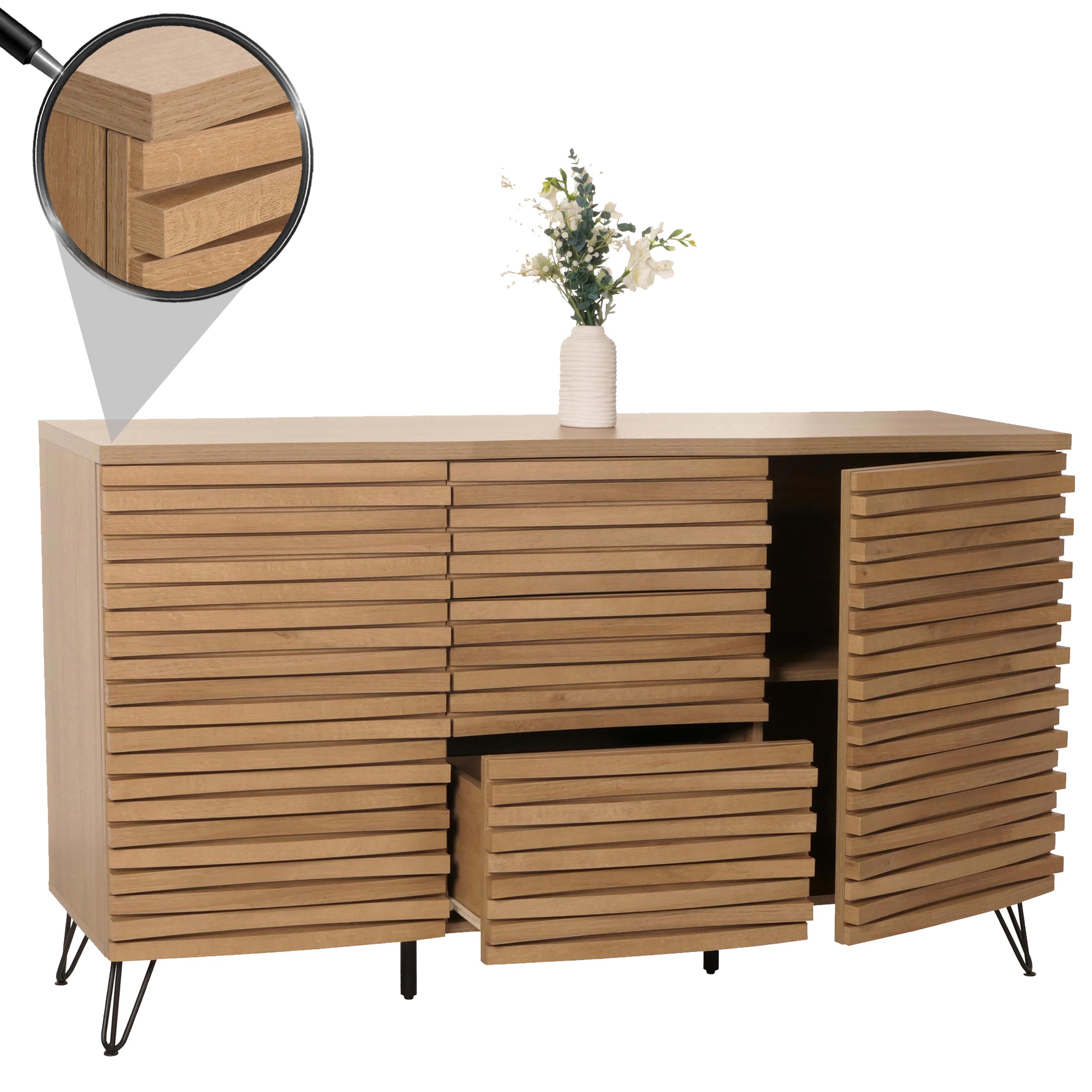 Sideboard MCW-M49, Schrank Kommode Highboard, 3D-Design Stauf&auml;cher, MDF Metall 85x142x44cm ~ natur - Bild 1