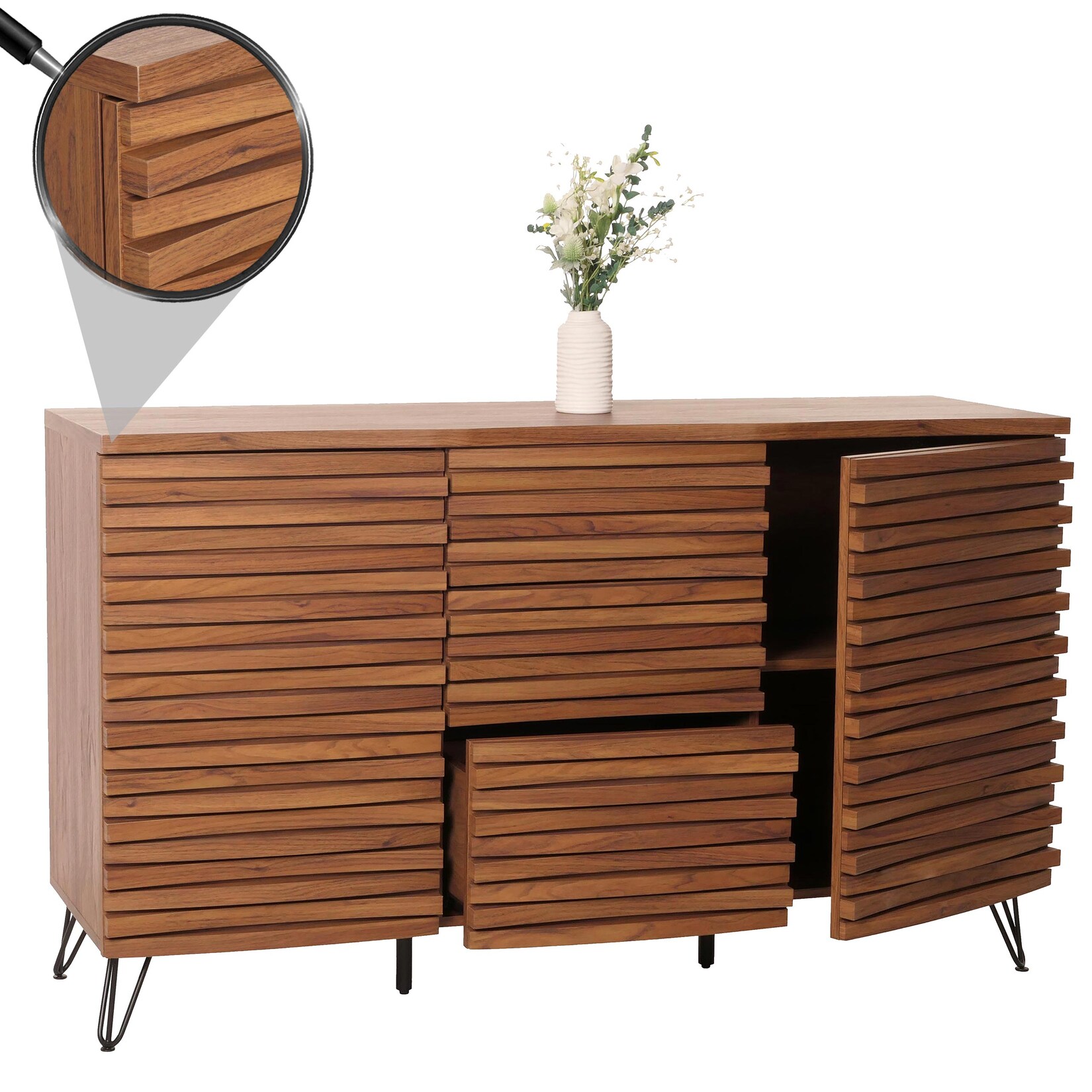 Sideboard MCW-M49, Schrank Kommode Highboard, 3D-Design Staufächer, MDF Metall 85x142x44cm ~ Walnuss-Optik