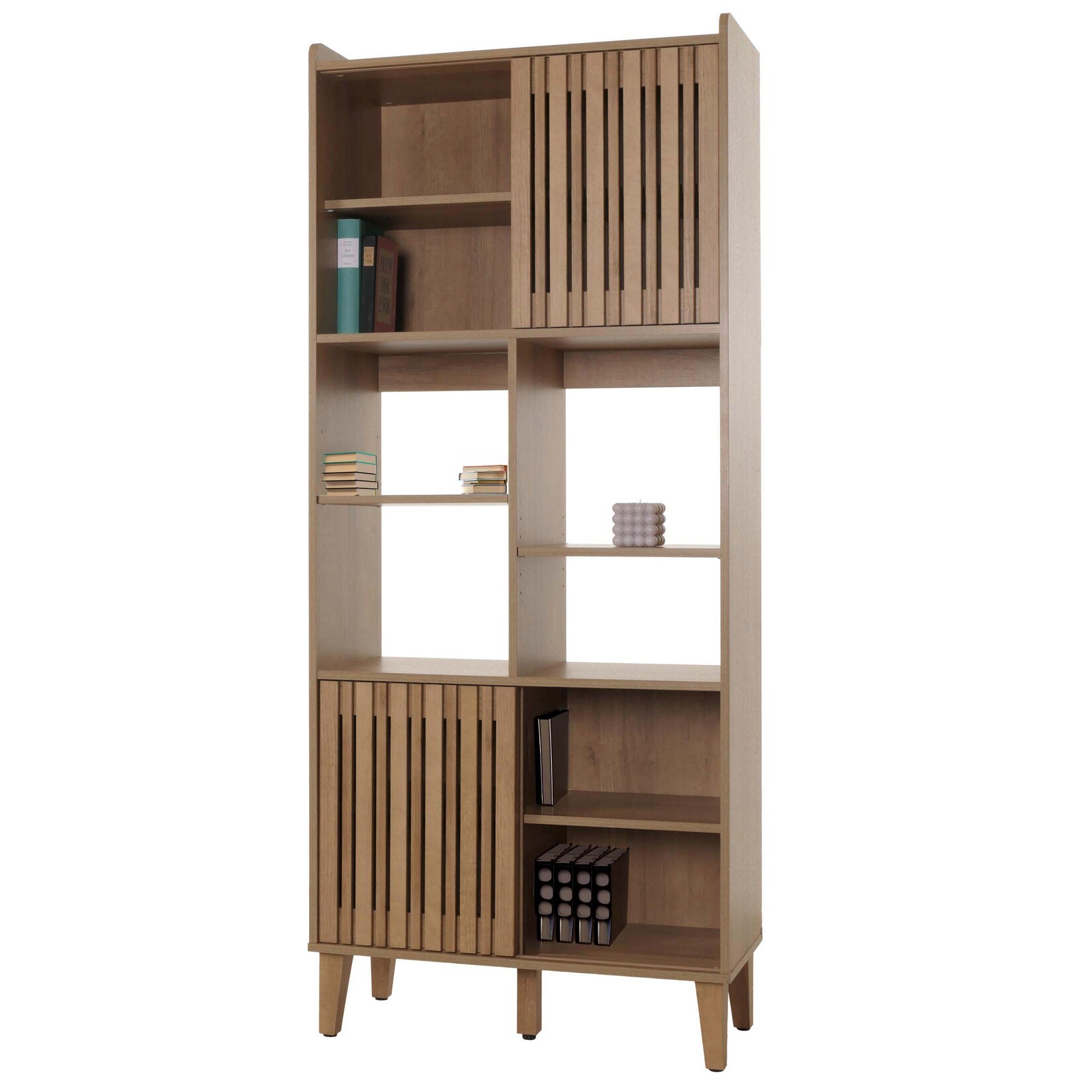 Bücherregal MCW-M48, Bücherschrank Hochschrank, Schiebetür 8 Staufächer MDF 178x75x35cm ~ natur | 04057651837963