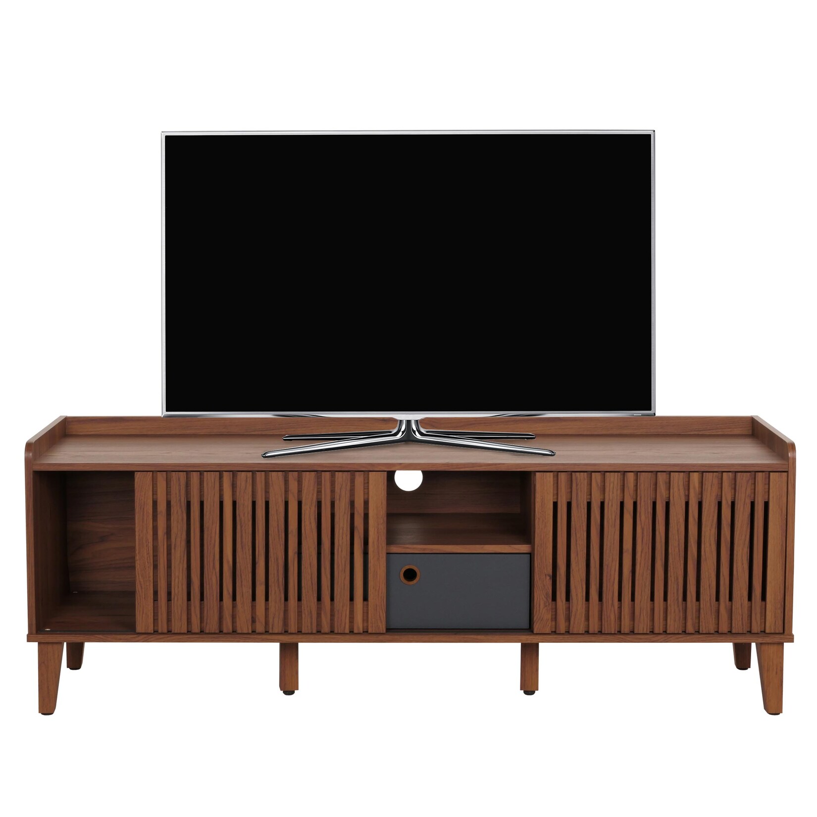 TV-Rack MCW-M48, Lowboard TV-Schrank, Schiebetür 56x150x40cm ~ Walnuss-Optik, Schublade dunkelgrau