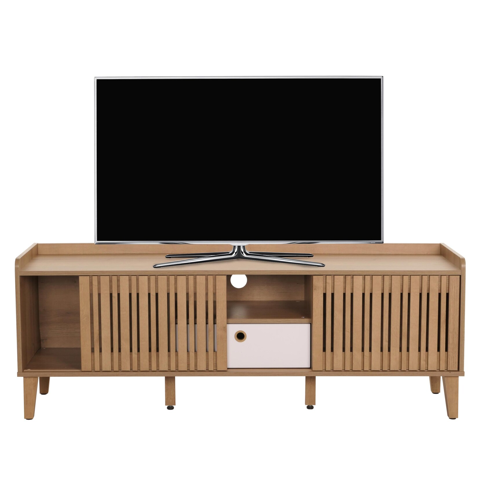 TV-Rack MCW-M48, Lowboard TV-Schrank, Schiebetür 56x150x40cm ~ natur, Schublade weiß | 04057651647067
