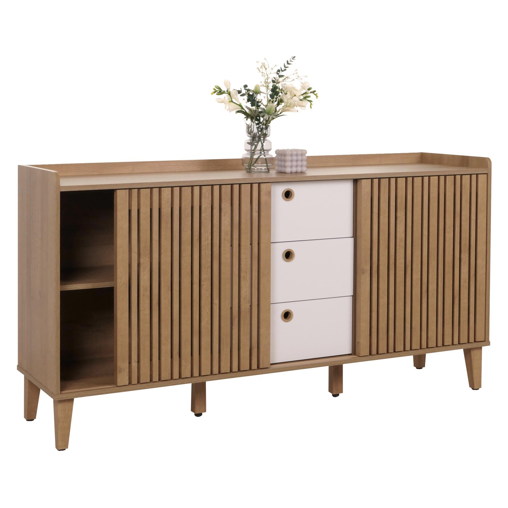 Sideboard MCW-M48, Kommode, Schiebetür Staufach, MDF 81x150x40cm ~ natur, Schubladen weiß | 04057651647142