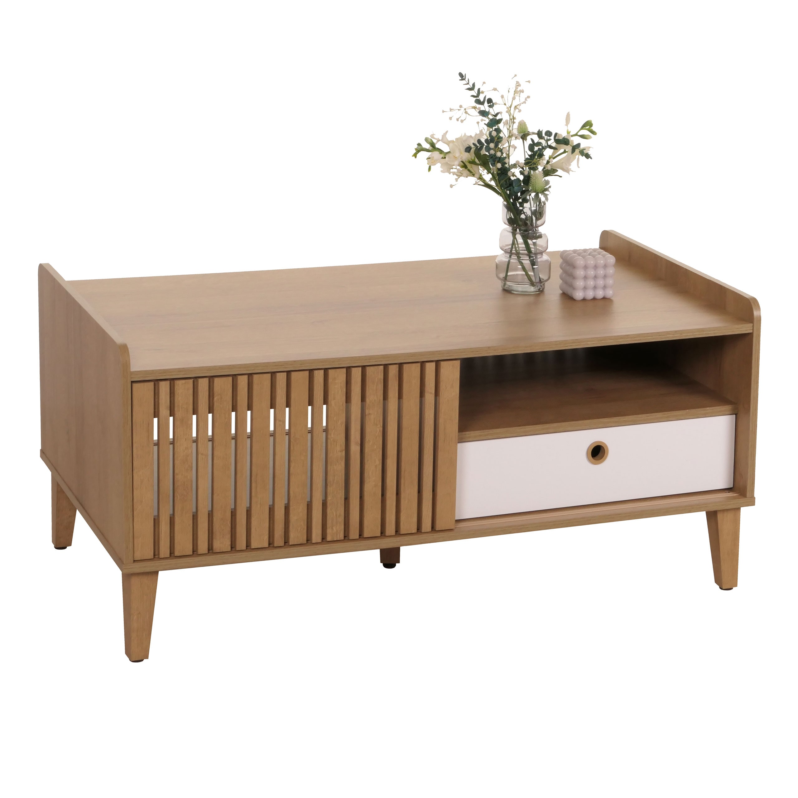 Couchtisch MCW-M48, Wohnzimmertisch Tisch Sofatisch, 52x114x59cm ~ natur, Schublade wei&szlig; - Bild 1