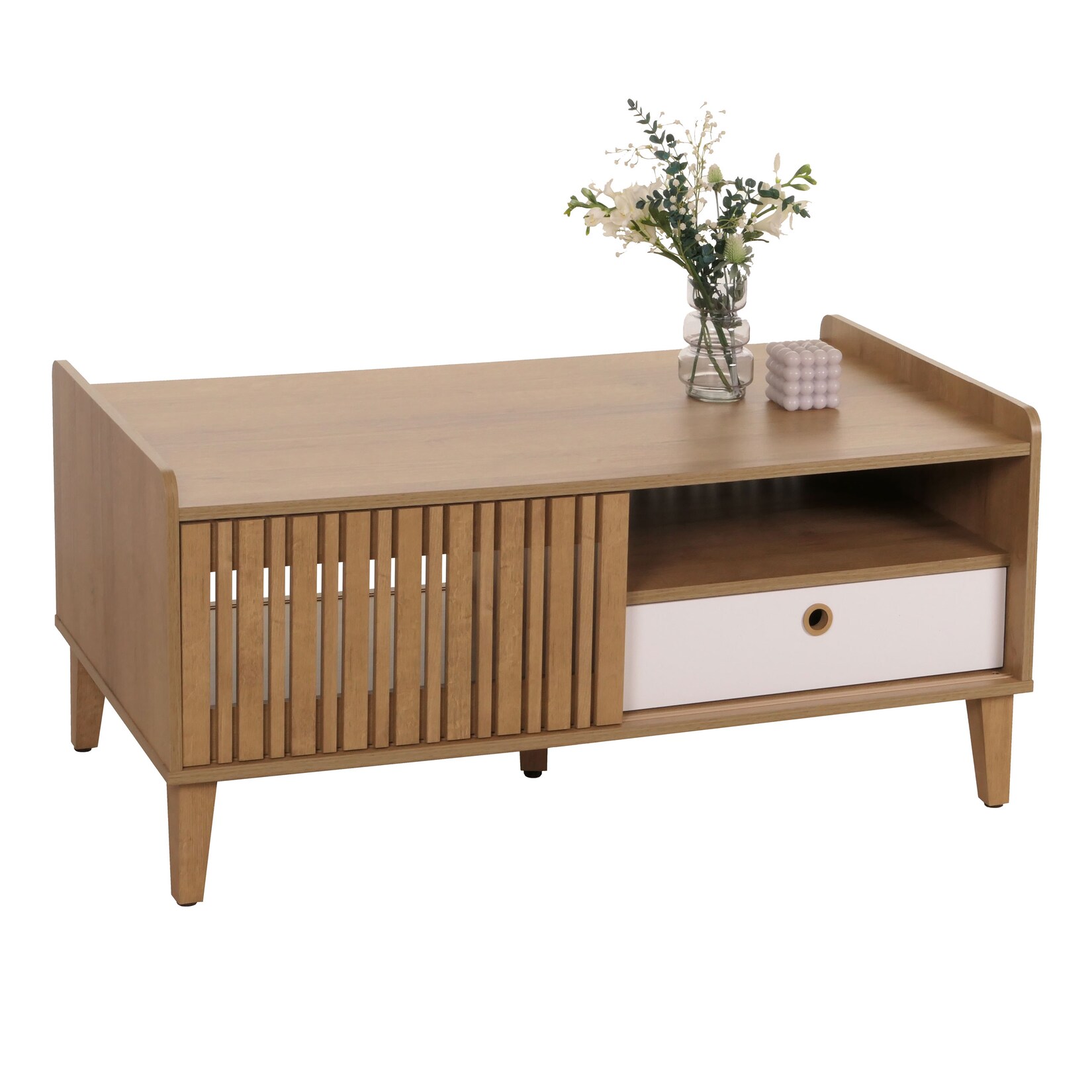 Couchtisch MCW-M48, Wohnzimmertisch Tisch Sofatisch, 52x114x59cm ~ natur, Schublade weiß | 04057651649252