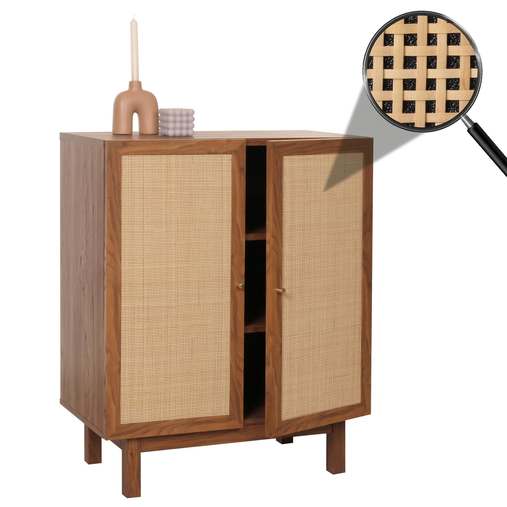 Highboard MCW-M51, Kommode Schrank Sideboard, Staufächer, Kubu Rattan 98x79x42cm ~ Walnuss-Optik