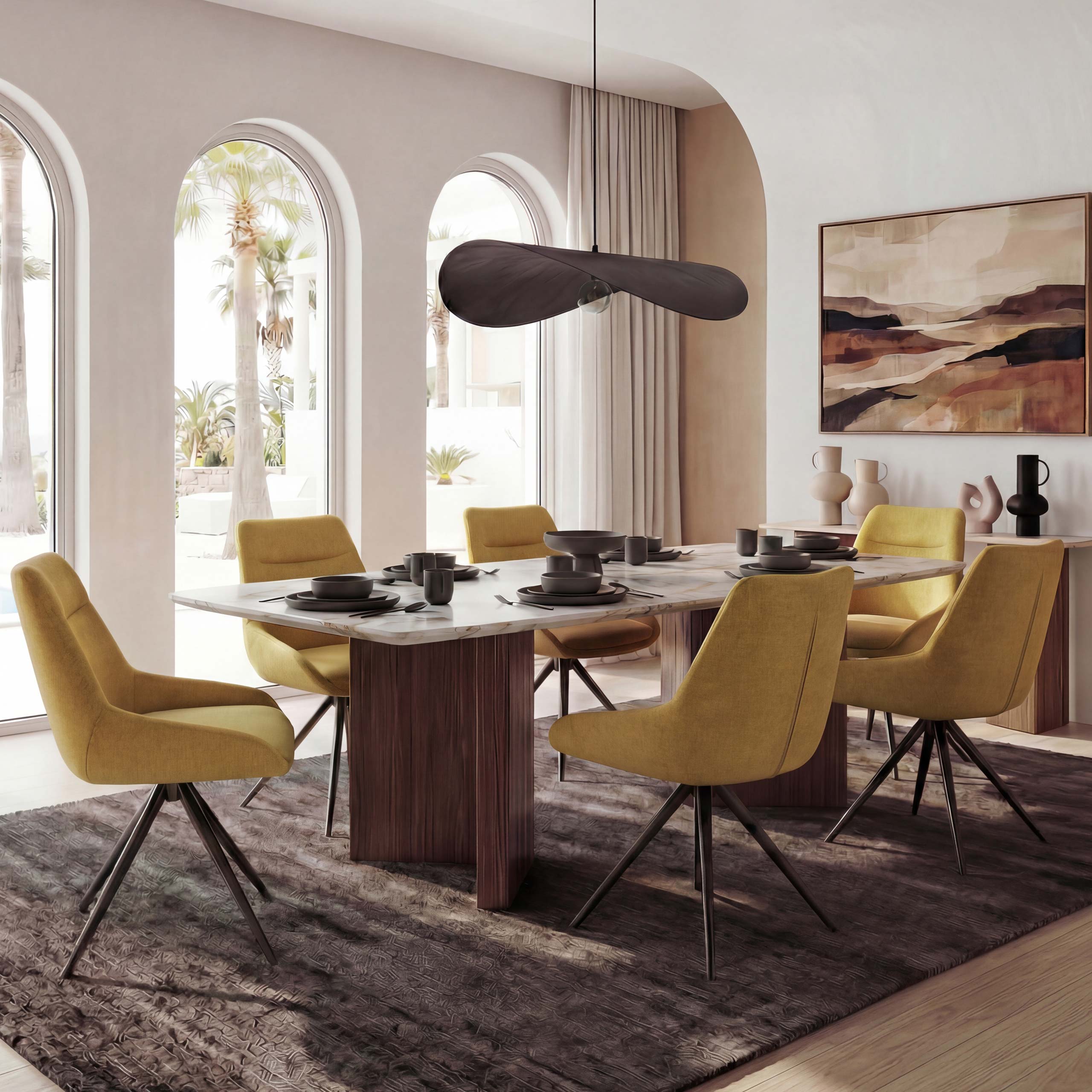 6er-Set Esszimmerstuhl MCW-M65, K&uuml;chenstuhl Lehnstuhl Stuhl, drehbar Auto-Position Metall Stoff/Textil ~ senfgelb - Bild 1