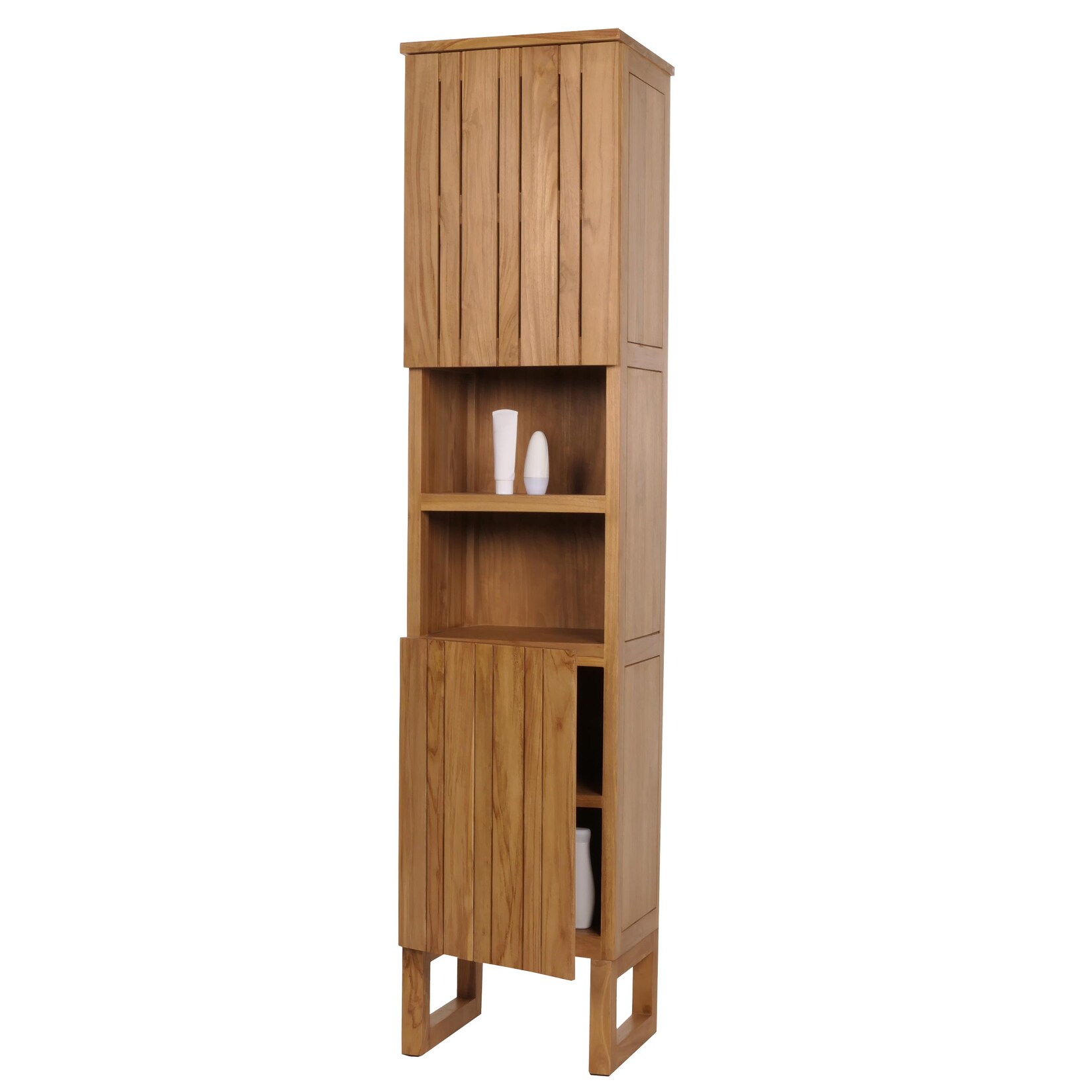 Teak-Hochschrank MCW-M72, Badschrank, 2 Türen 6 Fächer, hochwertiges B-Grade-Teak (Kernholz, 20-30 Jahre) 181x40x35cm
