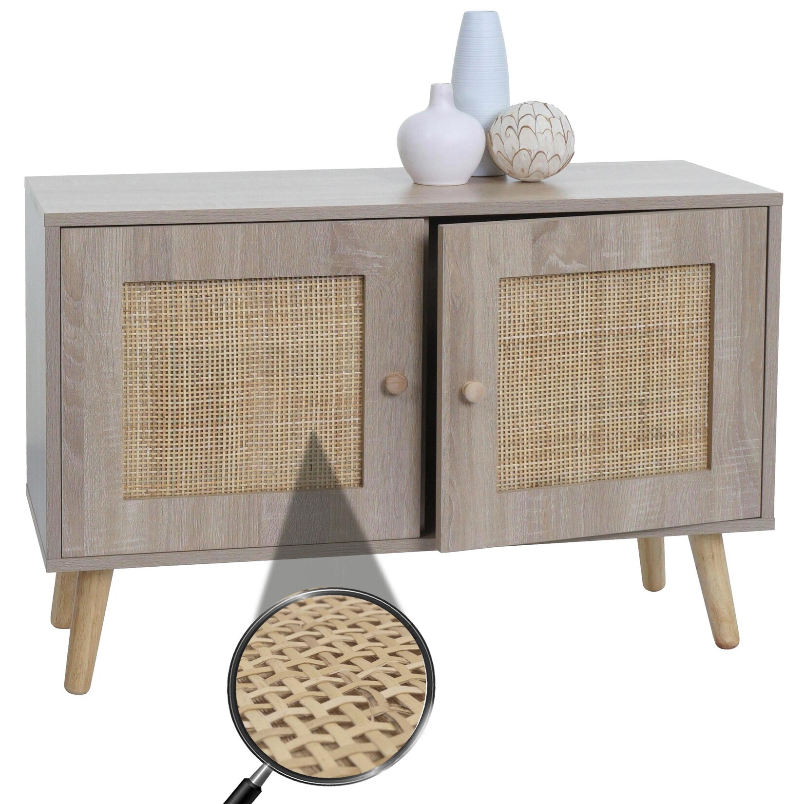 Kommode MCW-M40, Sideboard Schrank Highboard, Staufächer, Kubu Rattan Holz Melamin, Eiche-Optik