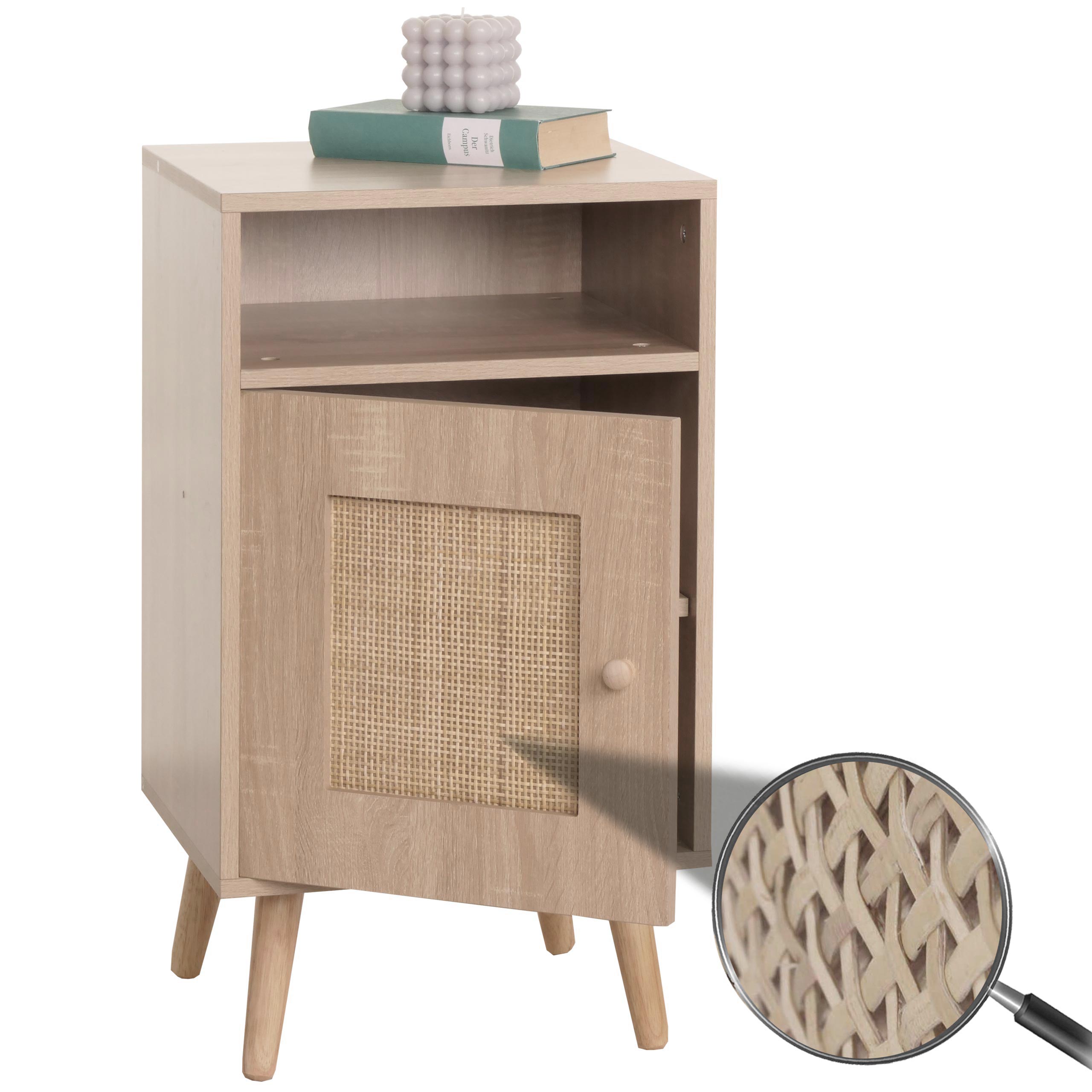 Nachttisch MCW-M39, Nachtschrank Kaffeetisch Beistelltisch, Stauf&auml;cher, Kubu Rattan Holz Melamin, Eiche-Optik 71x40x41cm - Bild 1