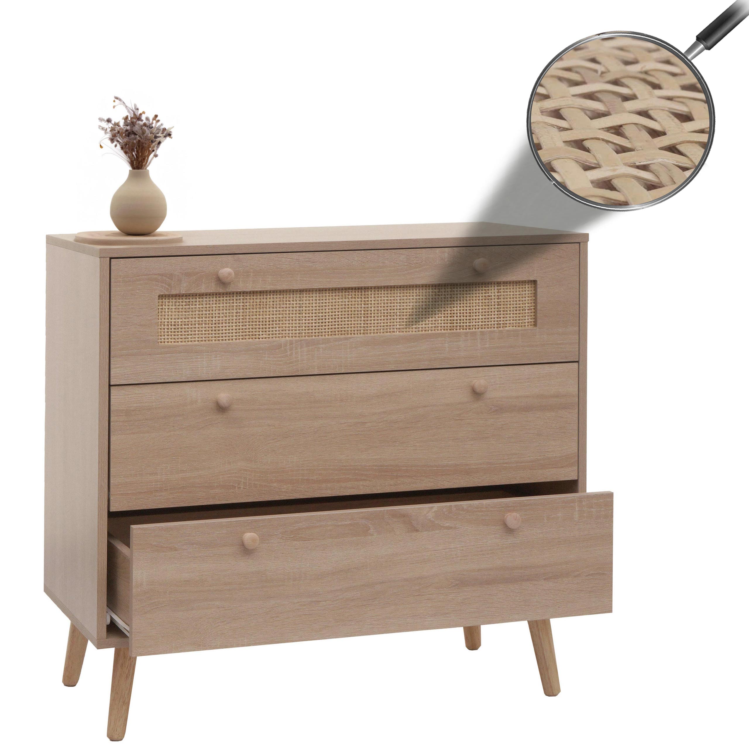 Schubladenkommode MCW-M39, Schrank Sideboard Highboard, Kubu Rattan Holz Melamin, 78x80x39cm Eiche-Optik - Bild 1