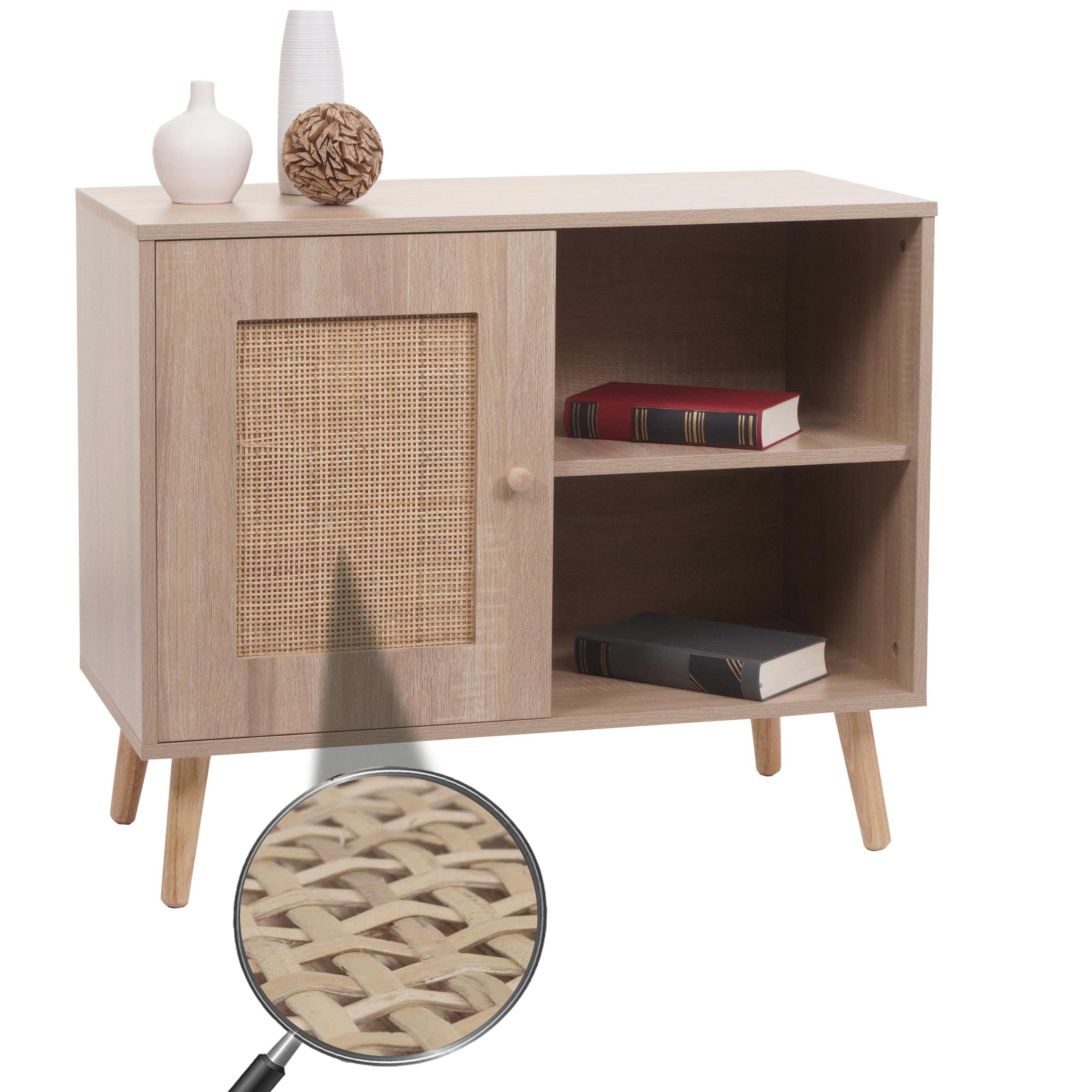 Kommode MCW-M39, Schrank Sideboard Highboard, Staufach, Kubu Rattan Holz Melamin, 67x80x38cm Eiche-Optik - Bild 1
