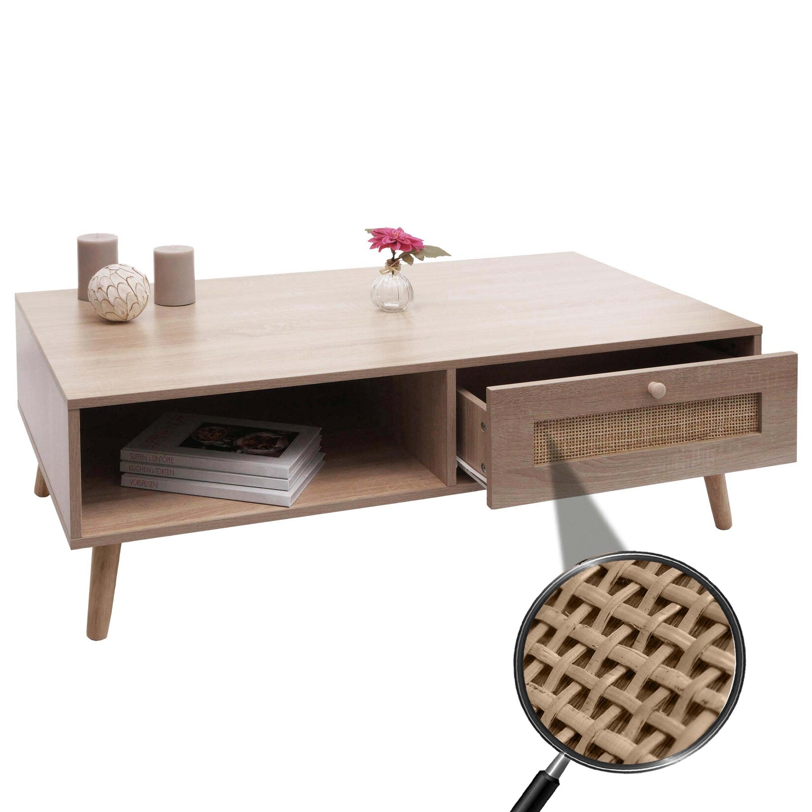 Couchtisch MCW-M39, Wohnzimmertisch Beistelltisch Sofatisch, Schublade Kubu Rattan Holz Melamin, 37x110x59cm Eiche-Optik | 04057651816951