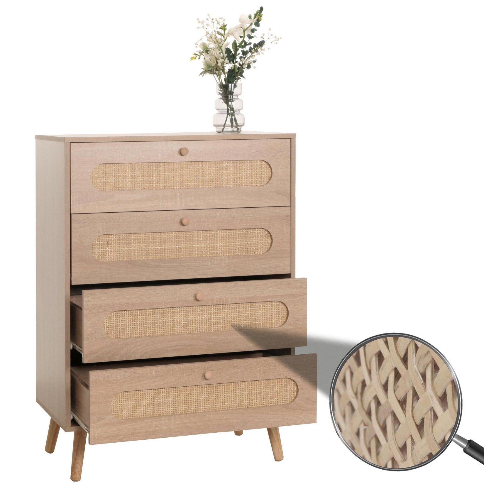 Kommode MCW-M38, Schrank Sideboard Highboard, Kubu Rattan Holz, 101x71x42cm Eiche-Optik | 04057651649771