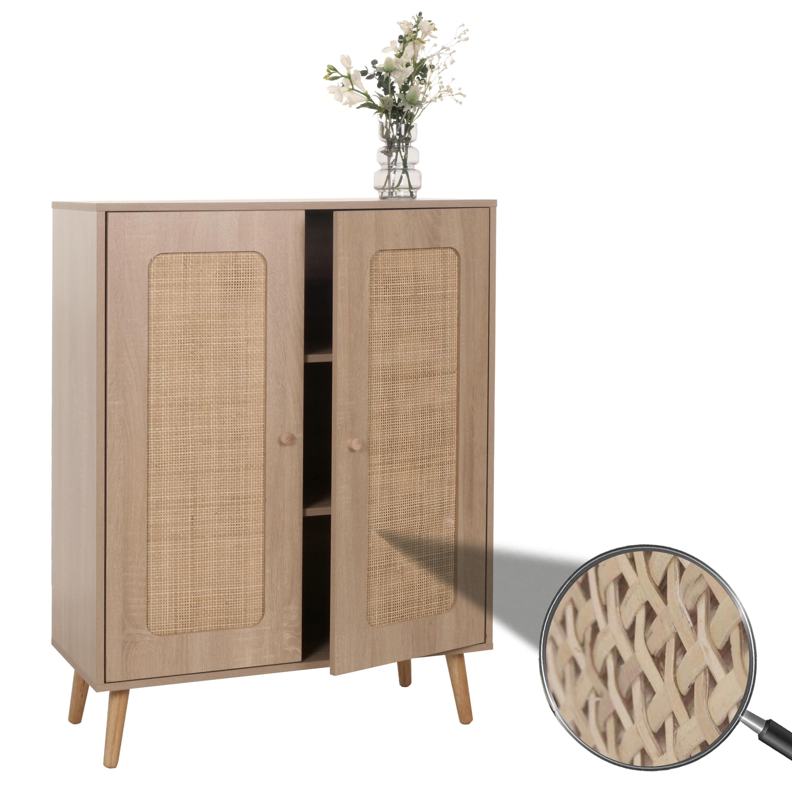 Highboard MCW-M38, Kommode Schrank Sideboard, Stauf&auml;cher, Kubu Rattan Holz 106x80x41cm ~ Eiche-Optik - Bild 1