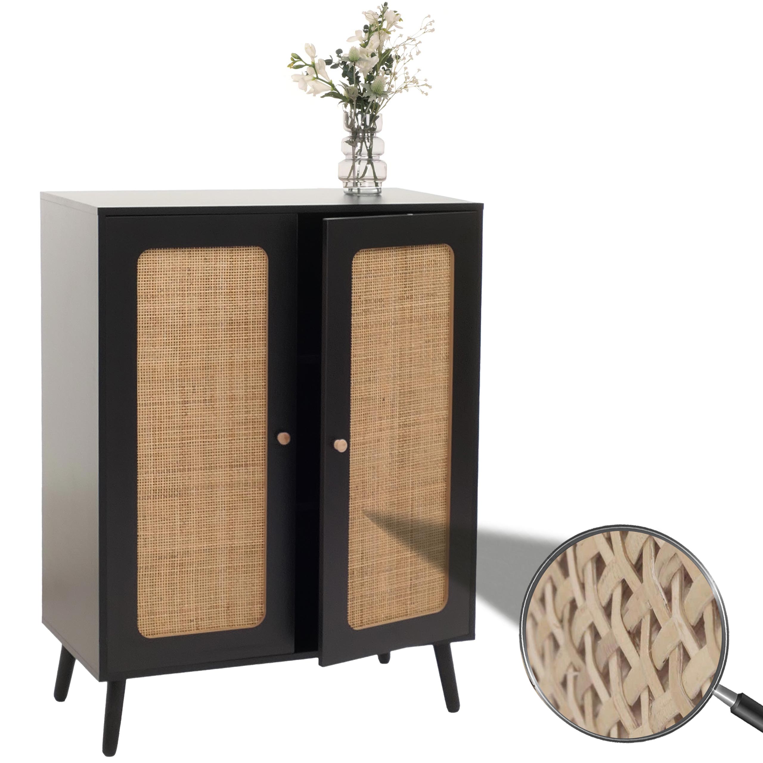 Highboard MCW-M38, Kommode Schrank Sideboard, Stauf&auml;cher, Kubu Rattan Holz 106x80x41cm ~ schwarz - Bild 1