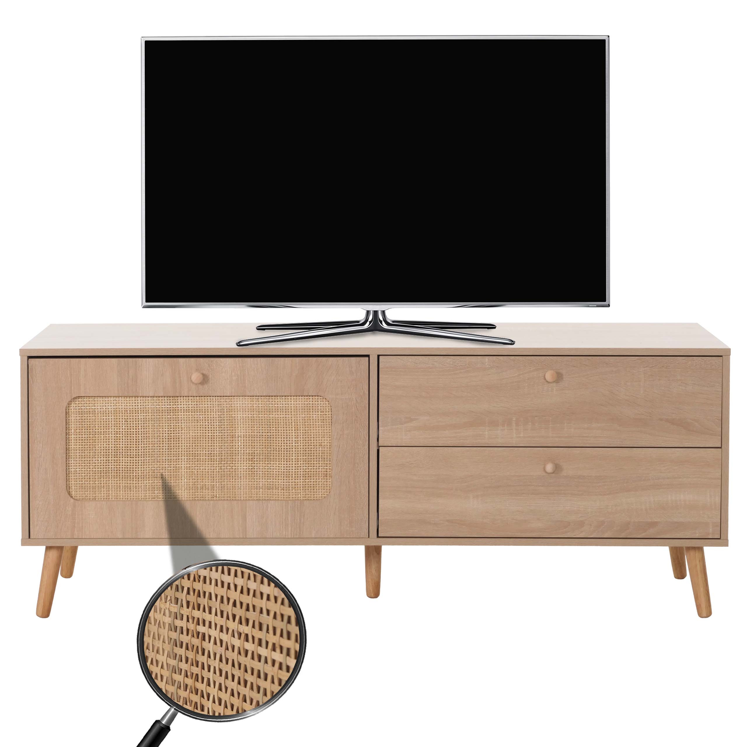 TV-Rack MCW-M38, Lowboard Fernsehtisch TV-Schrank Kommode, Schublade T&uuml;re, Kubu Rattan Holz 56x140x41cm Eiche-Optik - Bild 1
