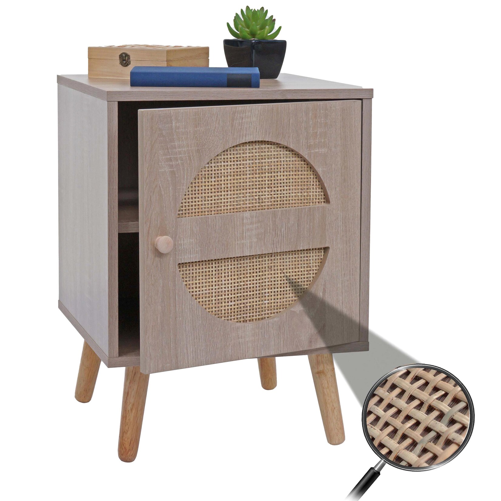Nachttisch MCW-M35, Kaffeetisch Beistelltisch, Staufächer, Kubu Rattan Holz Melamin, Eiche-Optik 56x40x40cm