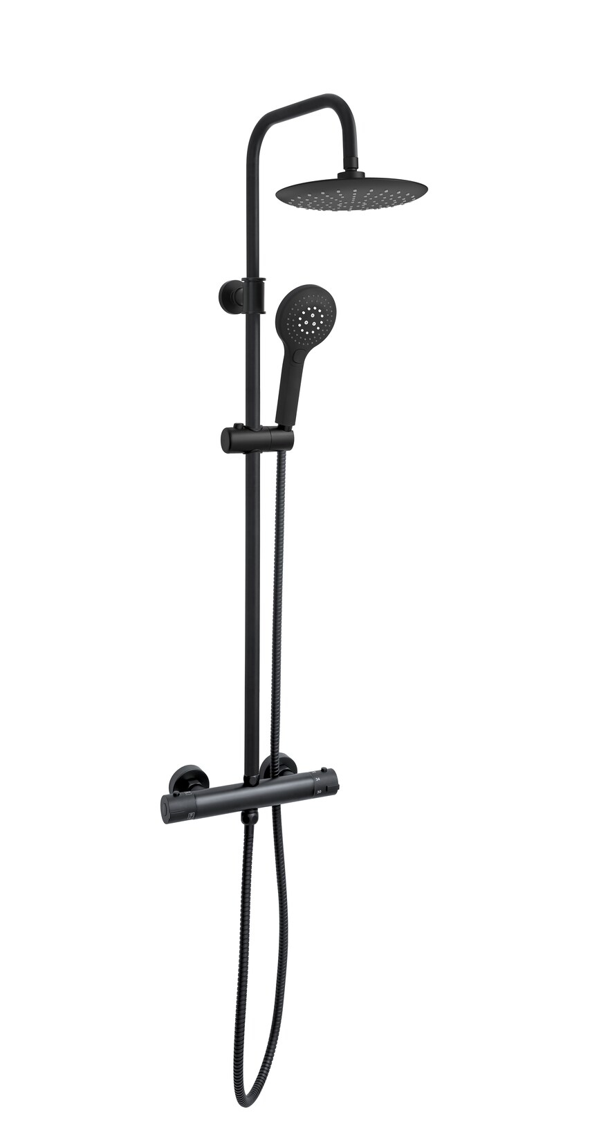 Duschsäule mit Thermostat schwarz Kopf Ø23cm, Handbrause 3 Strahl. DSP