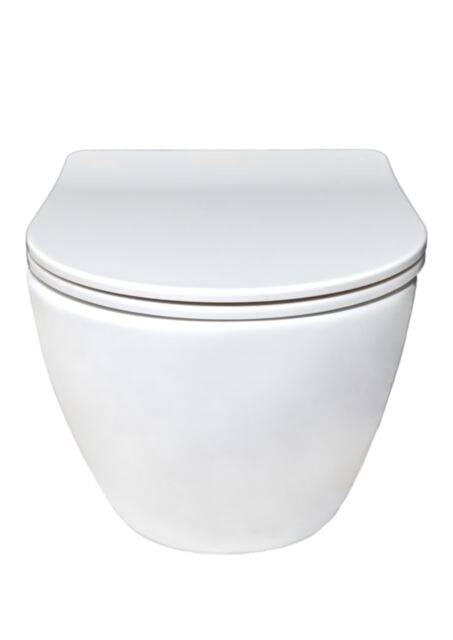 sanicomfort Hänge WC Set Aliki – Spülrandloses, Hygienisches Wand-WC Tiefspüler aus Hochwertiger Sanitärkeramik in Weiß, Kompakt, Modern inkl. Soft-Close WC-Sitz
