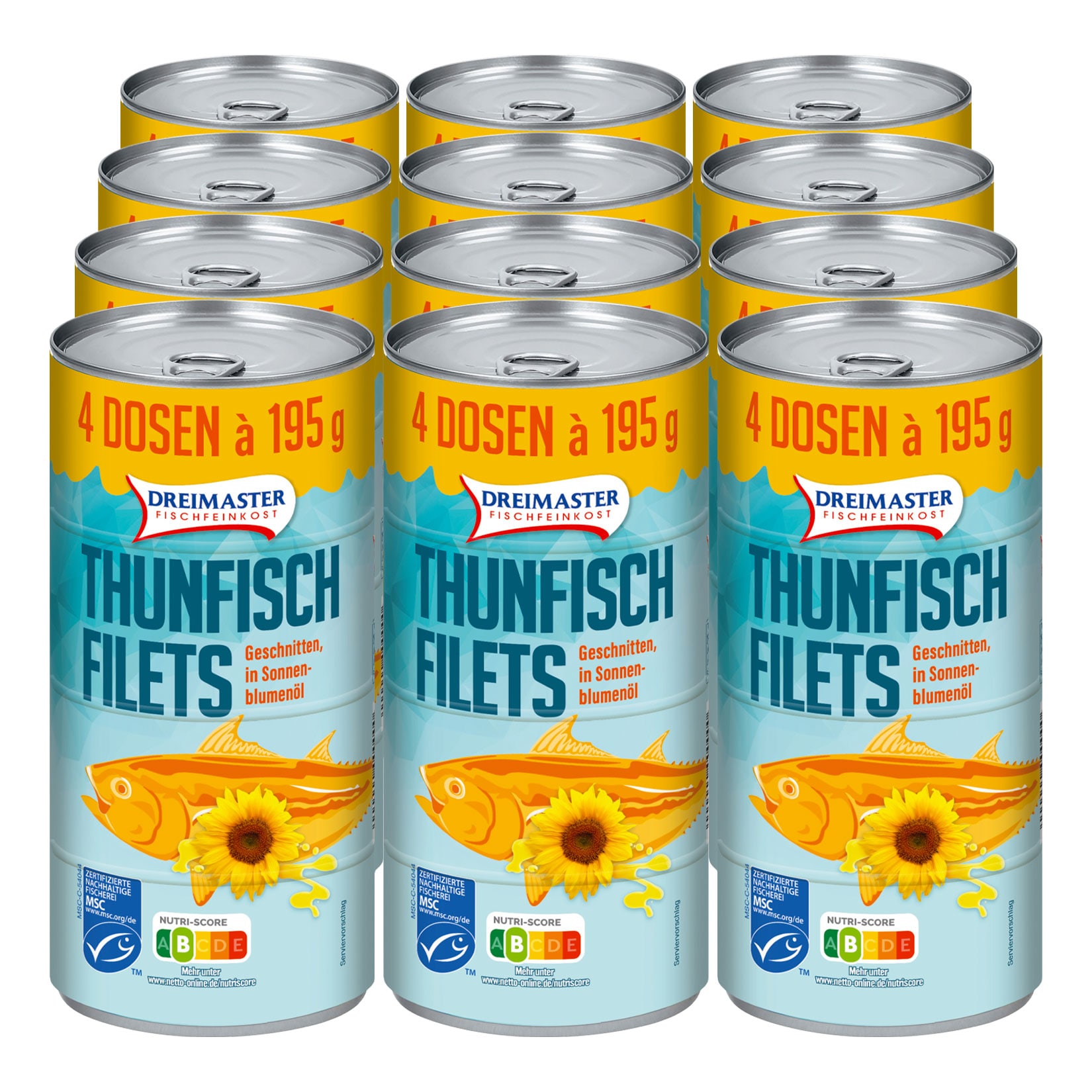 Dreimaster Thunfischfilet in Sonnenblumen&ouml;l 4 x 195 g, 12er Pack - Bild 1