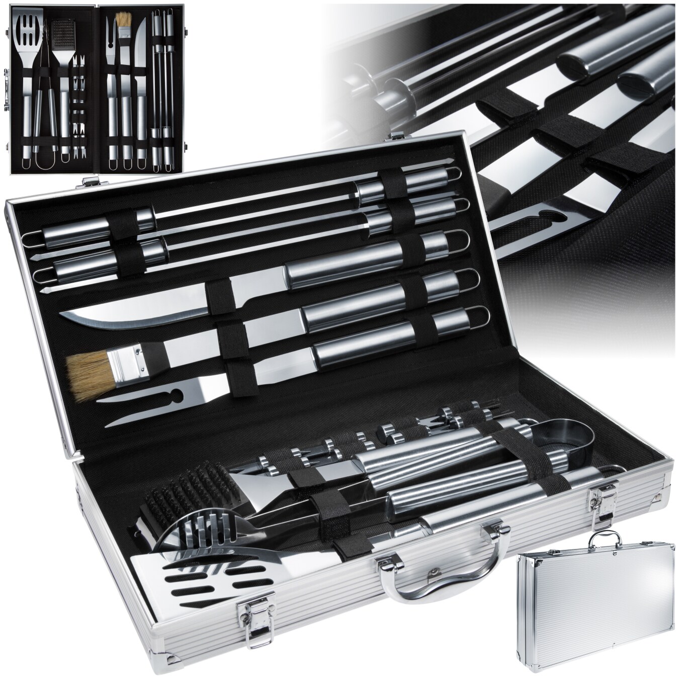 tectake&reg; Grillbesteck, aus Edelstahl, lange Griffe, inklusive Aluminiumkoffer - Bild 1