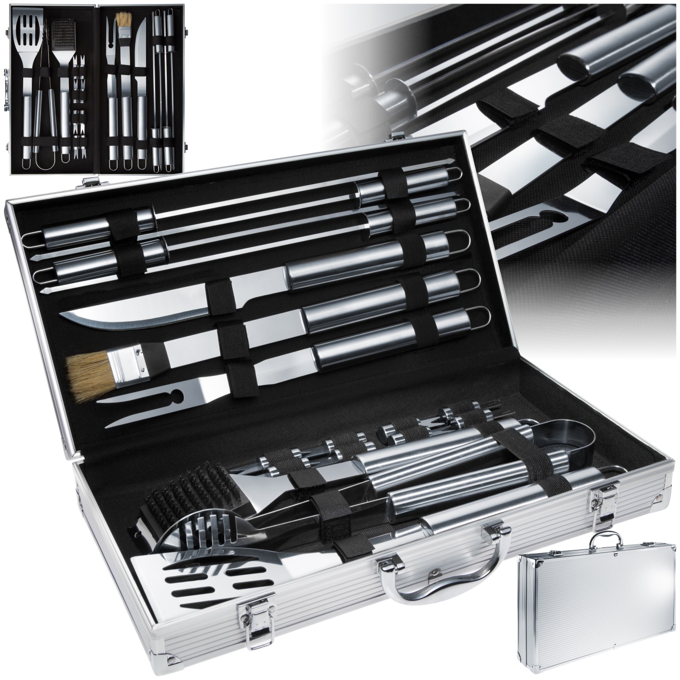tectake® Grillbesteck mit Aluminiumkoffer, aus Edelstahl, Innenverkleidung aus Samt, lange Griffe