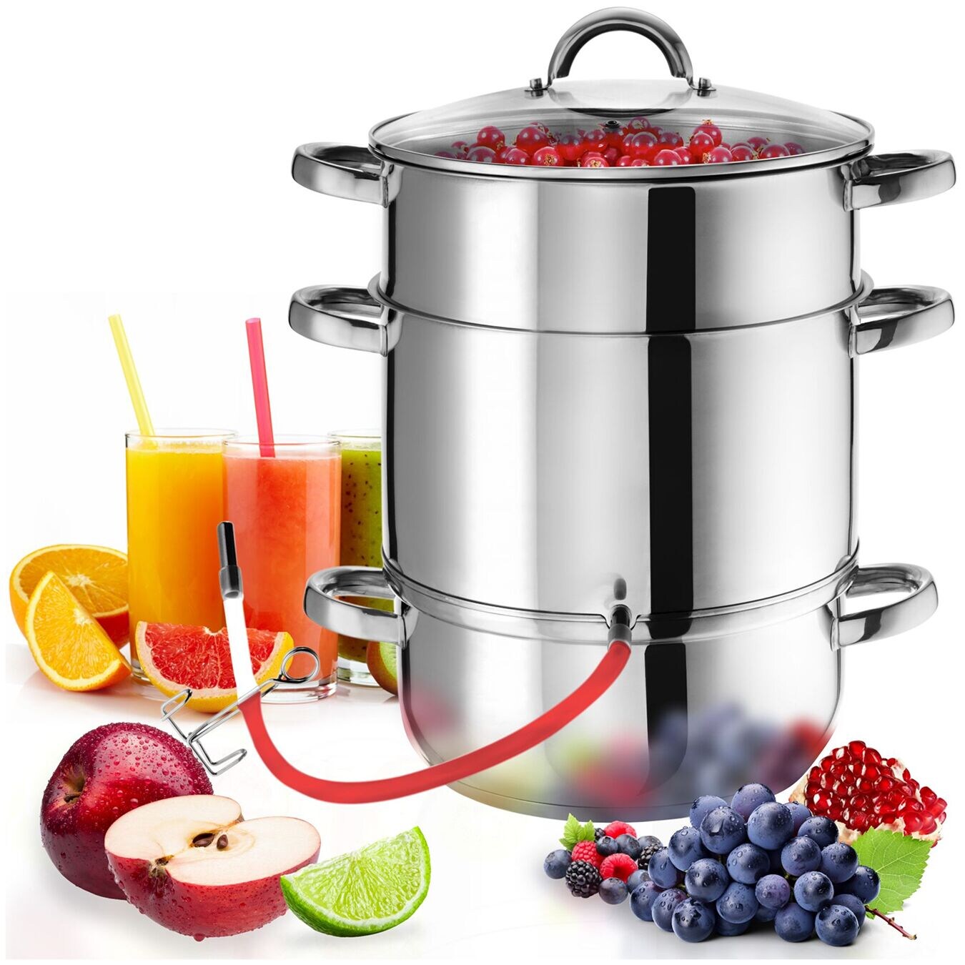 tectake® Dampfentsafter, 7-teilig, aus Edelstahl mit Glasdeckel, induktionsgeeignet und spülmaschinenfest, Ø 26 cm