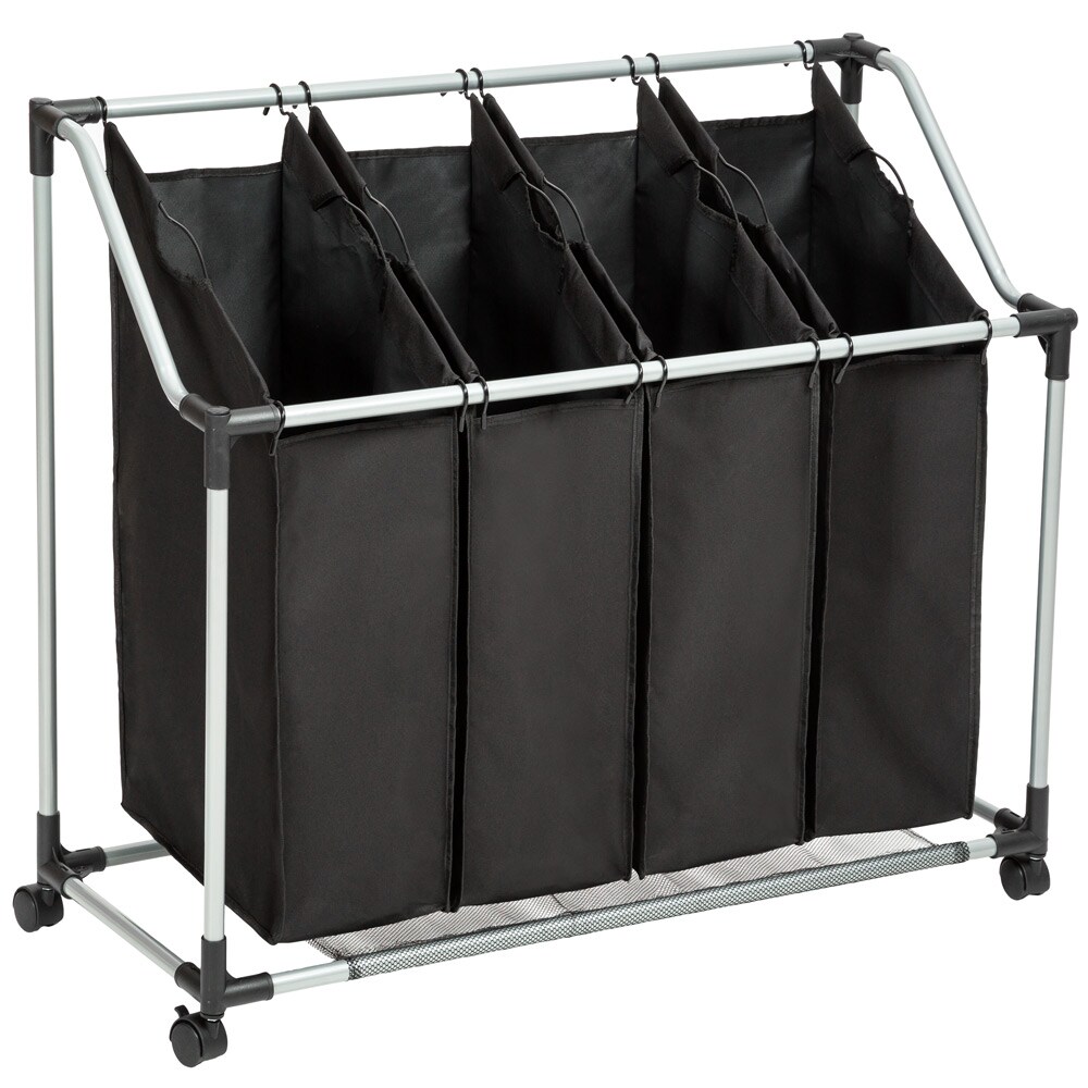 tectake® Wäschesortierer, auf 4 Rollen mit 2 Feststellbremsen, 4 herausnehmbare Taschen mit Griffen, inklusive Netzablage, 96 x 40 x 83 cm | 04260397656471