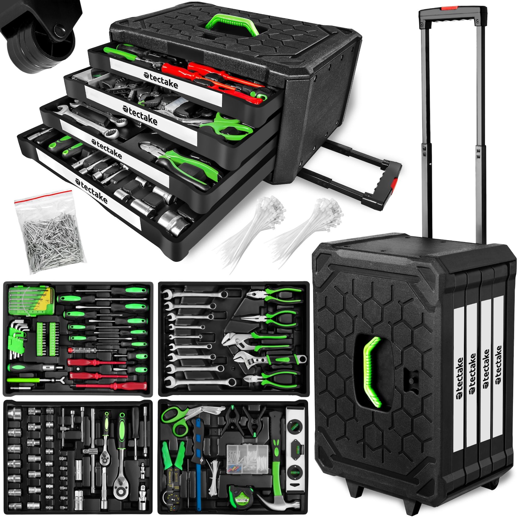 tectake® Werkzeugkoffer, 899-teilig, übersichtliche Anordnung auf 4 Ebenen, inklusive Sicherheitsstift, mit Klappgriff und Teleskopgriff