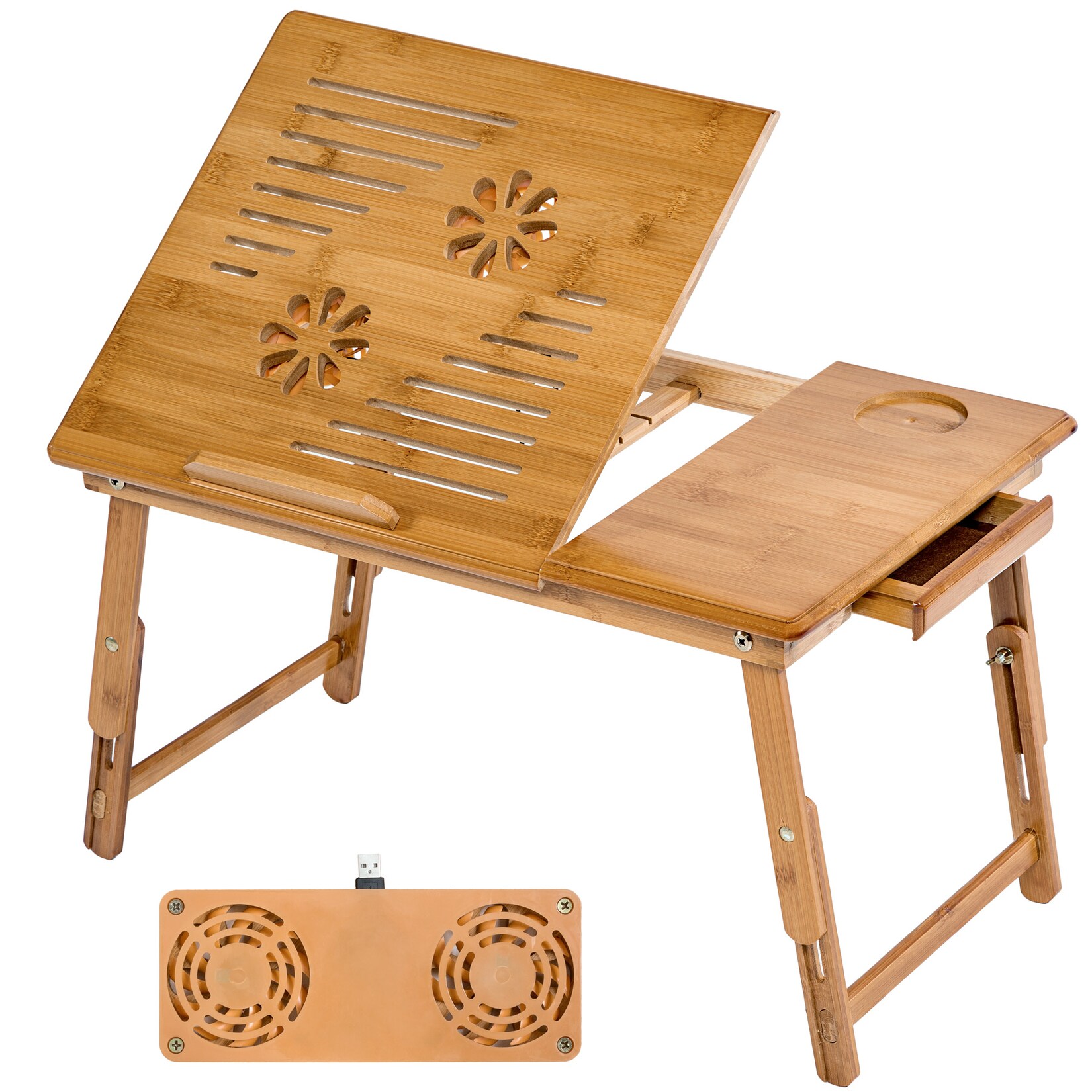 tectake® Laptoptisch, aus Bambus, klappbar und höhenverstellbar, mit USB-Doppellüfter, 55 x 35 x 26 cm | 04260435991564