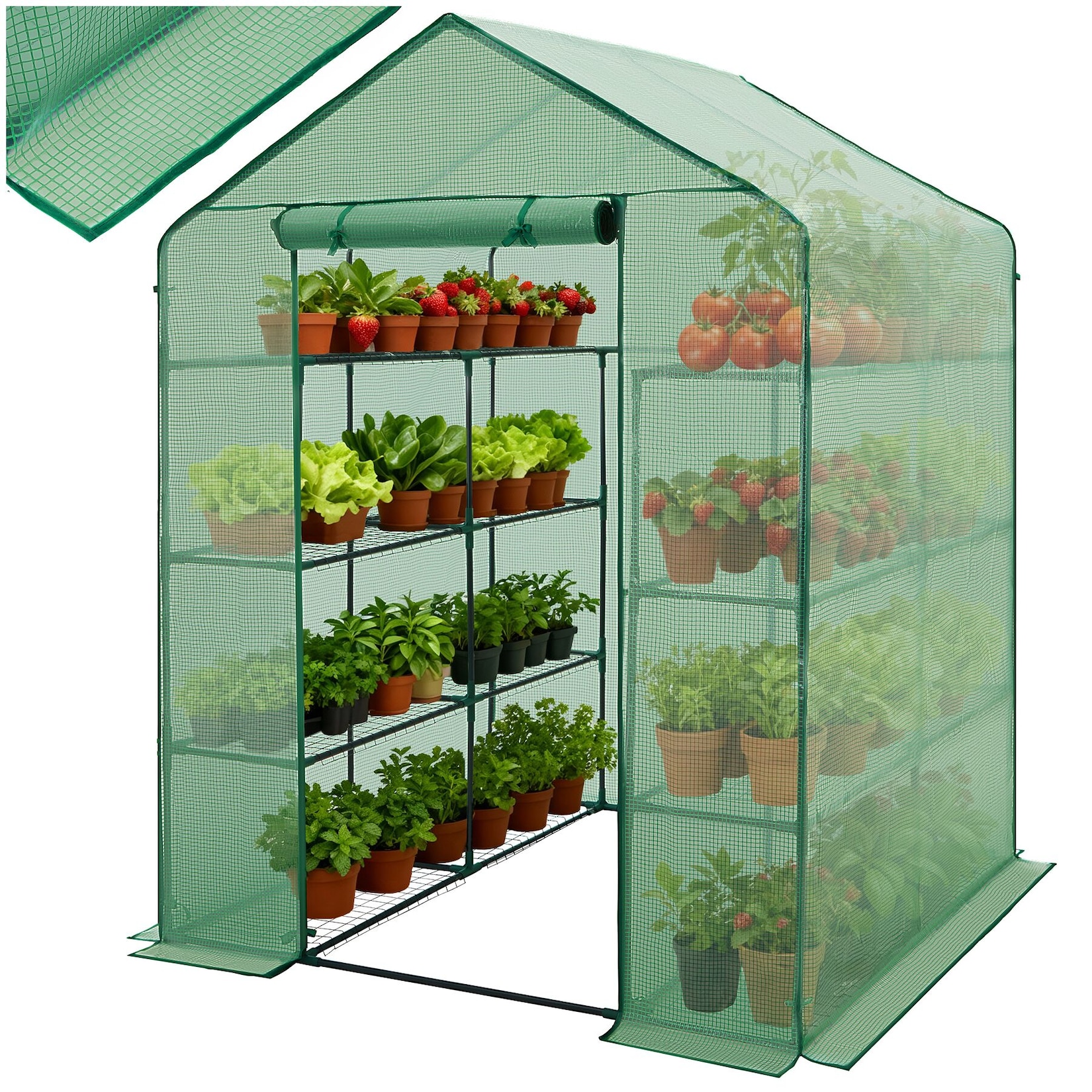 tectake® Foliengewächshaus, 3,6 m³, mit 16 Regalebenen, UV-beständig, 143 x 143 x 195 cm