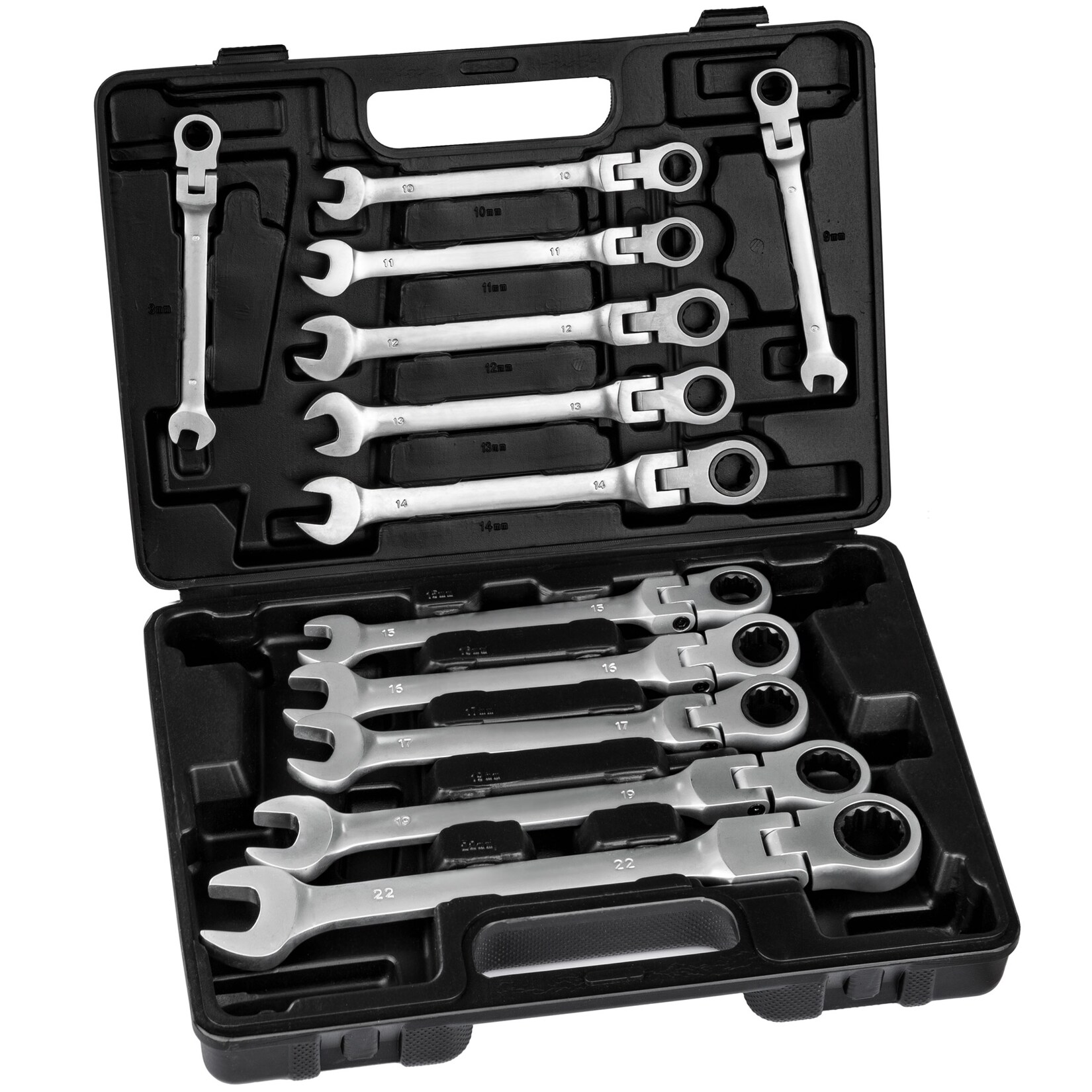 tectake® Ratschenschlüsselsatz, 12-teilig, 8 – 22 mm, 72 Zahn-Getriebe, inklusive Kunststoffkoffer | 04260473662402