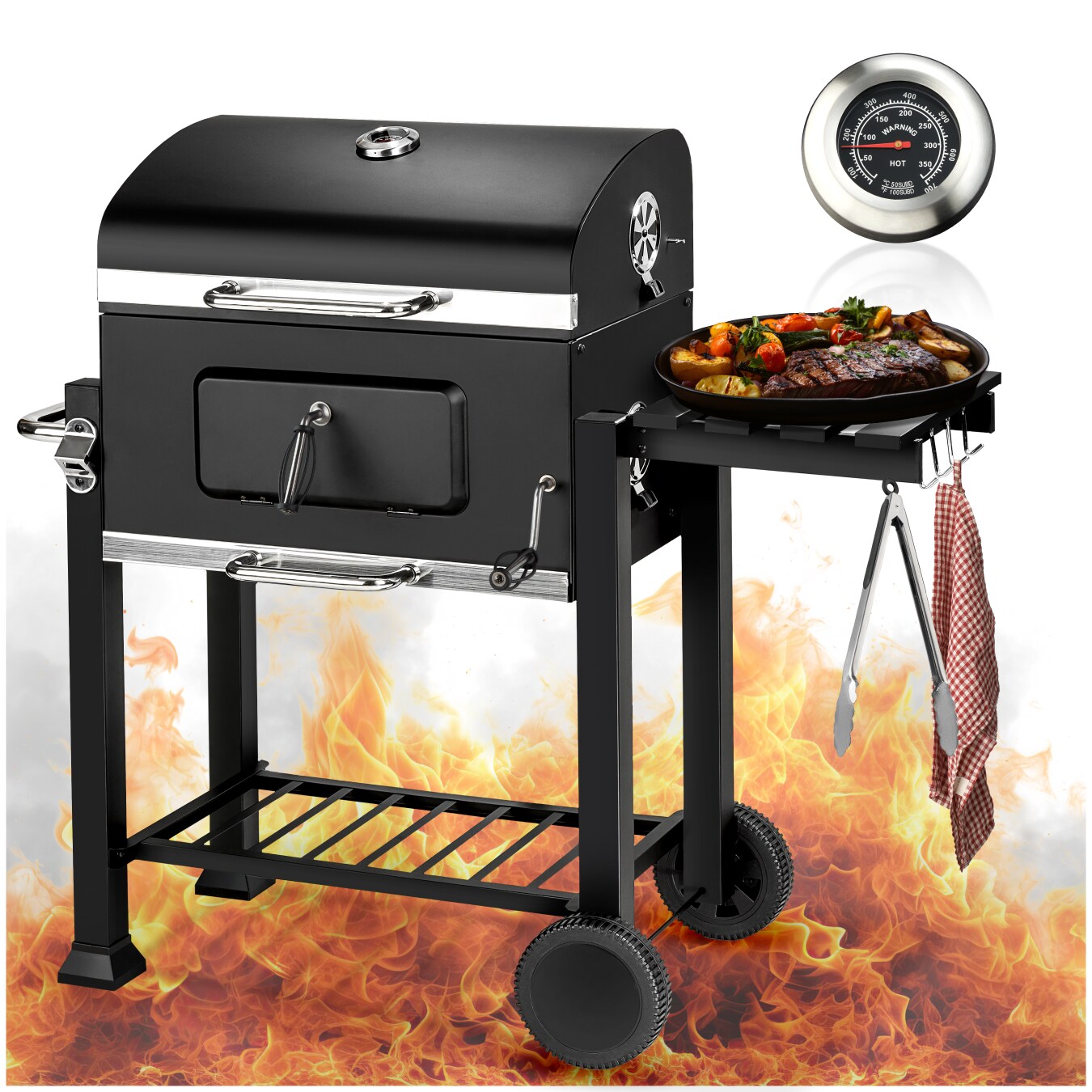 tectake® Holzkohlegrill, mit 2 Rädern, mit Thermometer, höhenverstellbare Holzkohlewanne mit Ascheschublade, 115 x 65 x 107 cm | 04260473664635