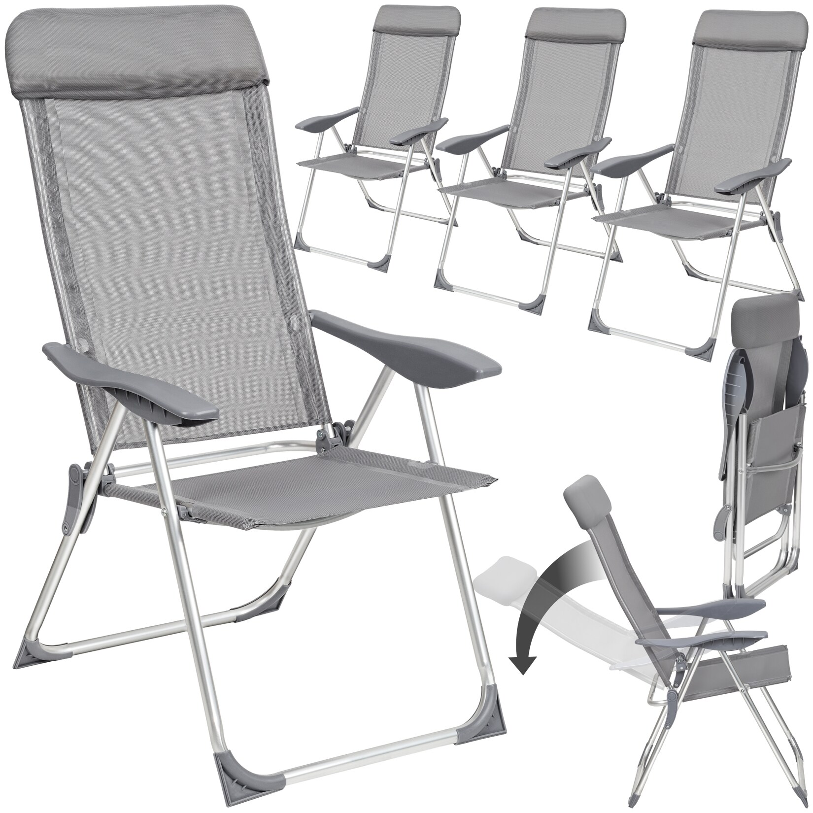 tectake® 4er Set Aluminium Gartenstuhl, klappbar, 5-fach verstellbare Rückenlehne mit Kopfpolster, 73 x 59 x 110 cm