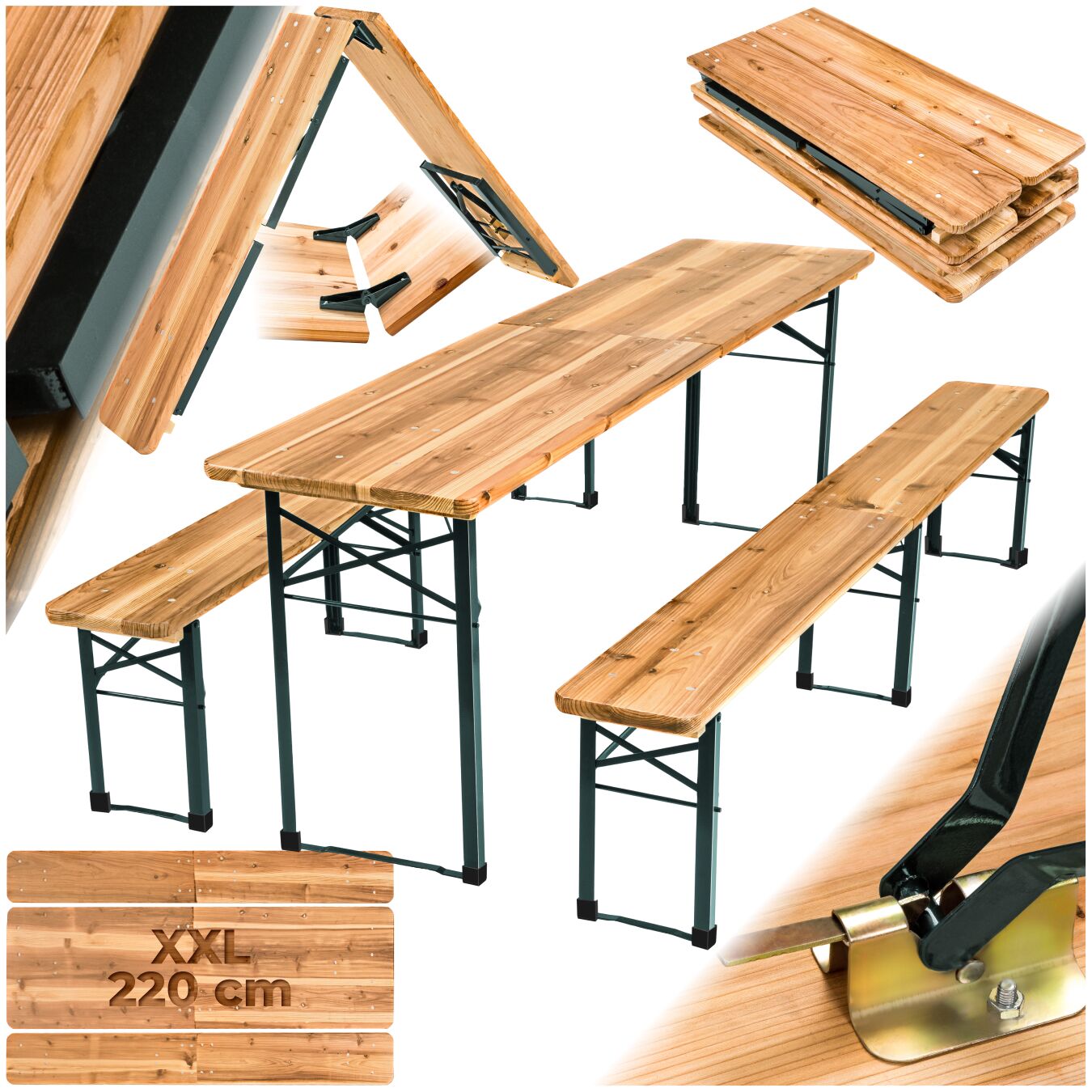 tectake&reg; Bierzeltgarnitur, 3-teilig, klappbar, beschichtetes Stahlgestell mit soliden Scharnieren, Holzlackierung mit Klarlack - Bild 1